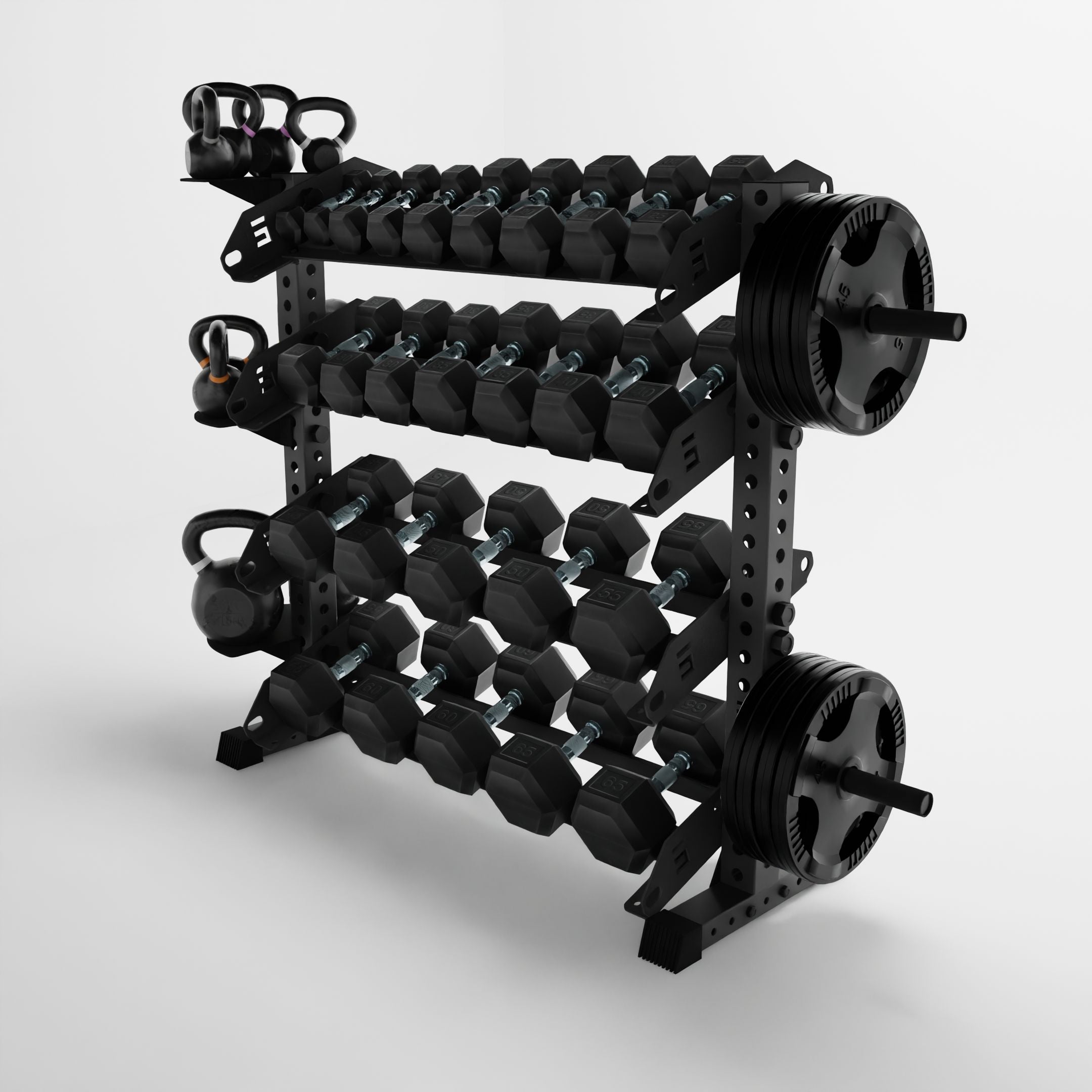 grey 43-inch alpha 4-tier horizontal dumbbell rack storing dumbbells, weight plates, and kettlebells using storage attachment accessories