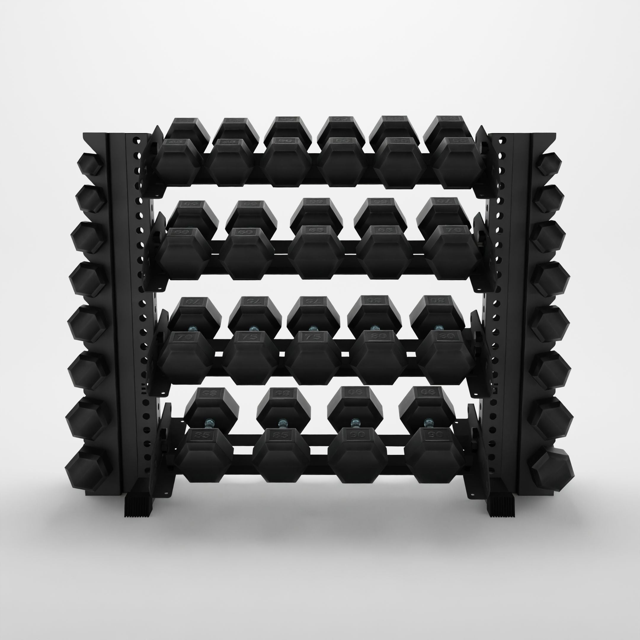 grey 43-inch alpha 4-tier horizontal dumbbell rack with vertical add-ons