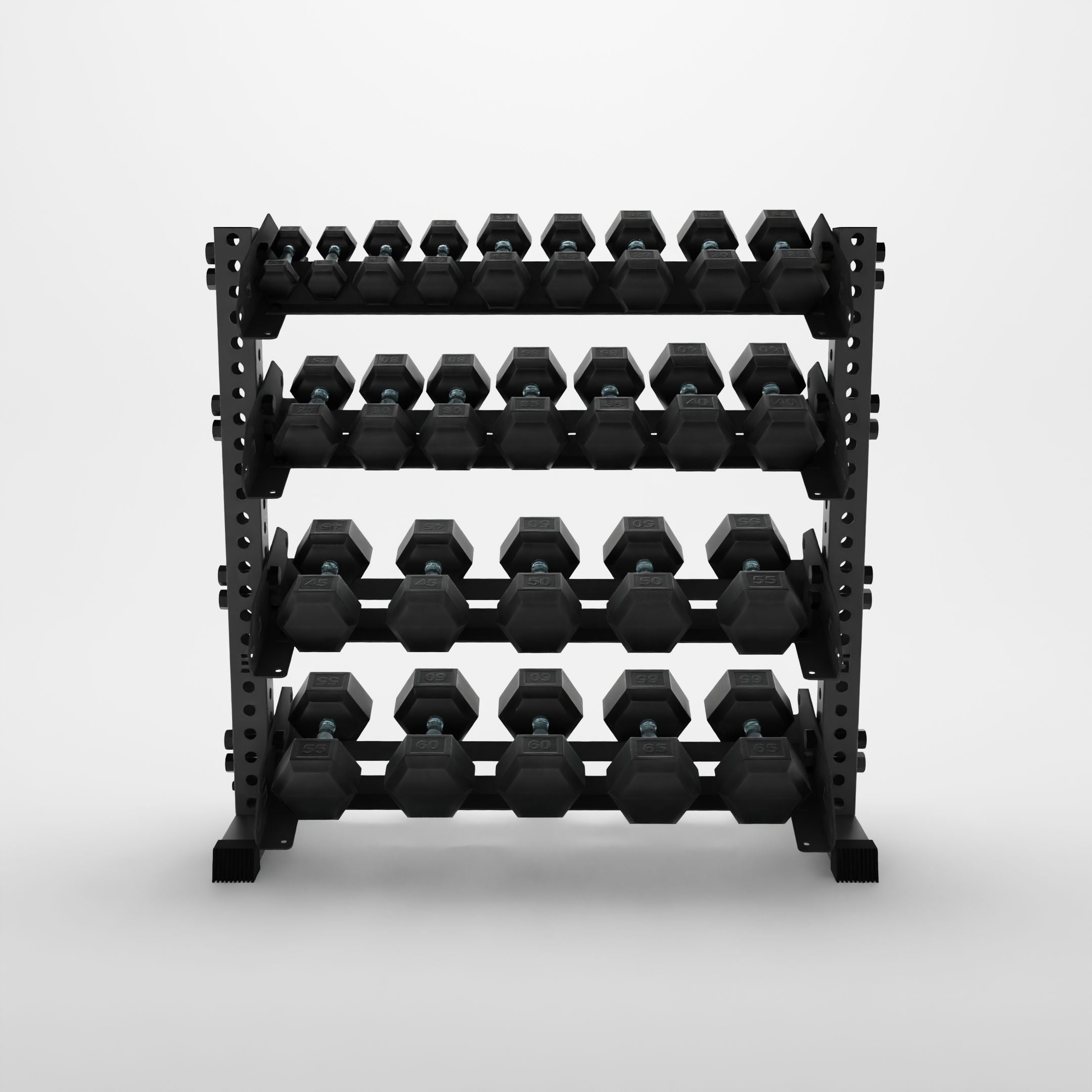 grey 43-inch alpha 4-tier horizontal dumbbell rack storing hex dumbbells