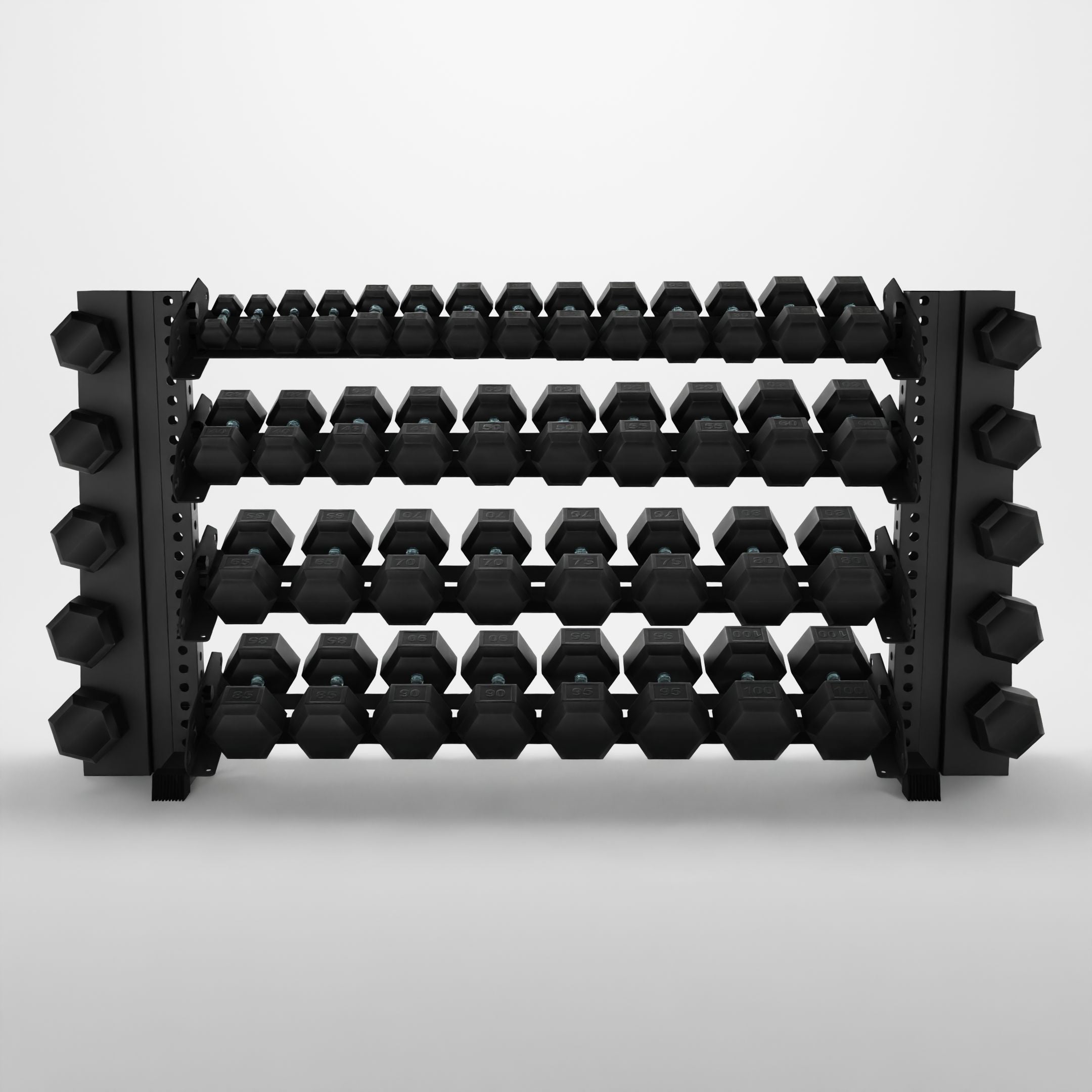 grey 70-inch alpha 4-tier horizontal dumbbell rack with elite vertical add-ons storing hex dumbbells