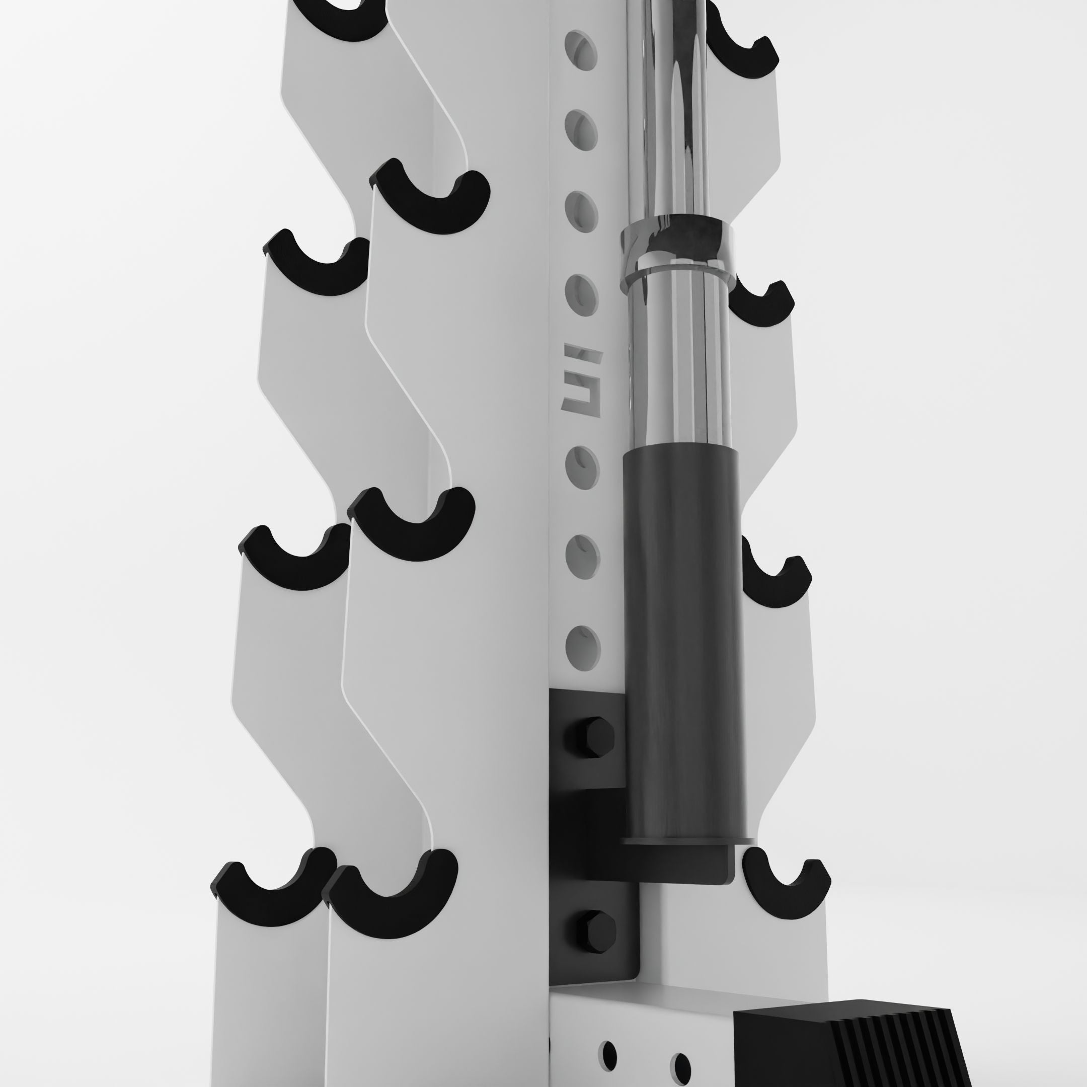 grey barbell holder attachment for a 3x3 upright holding a barbell