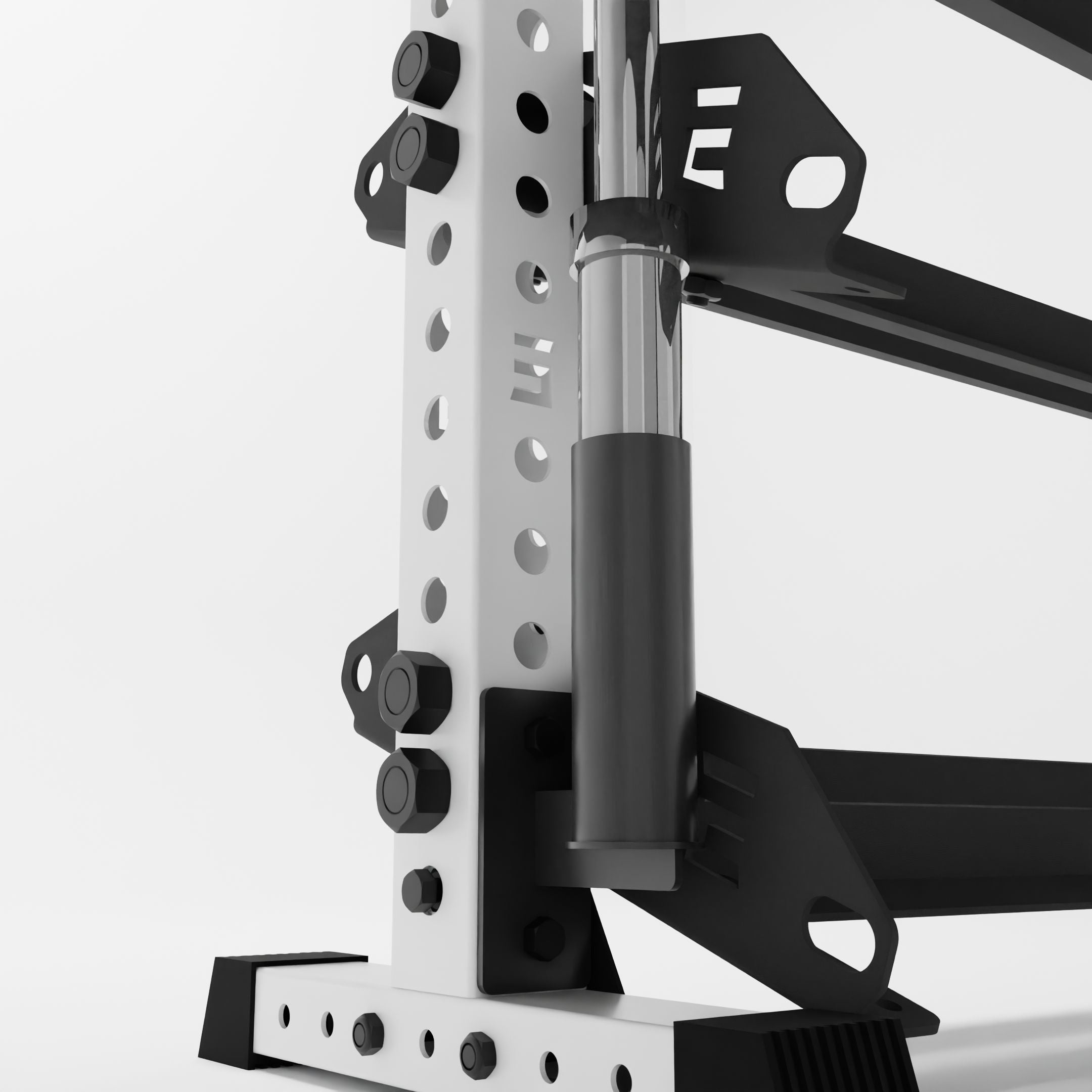 grey barbell holder attachment for a 3x3 upright attached to a horizontal dumbbell rack