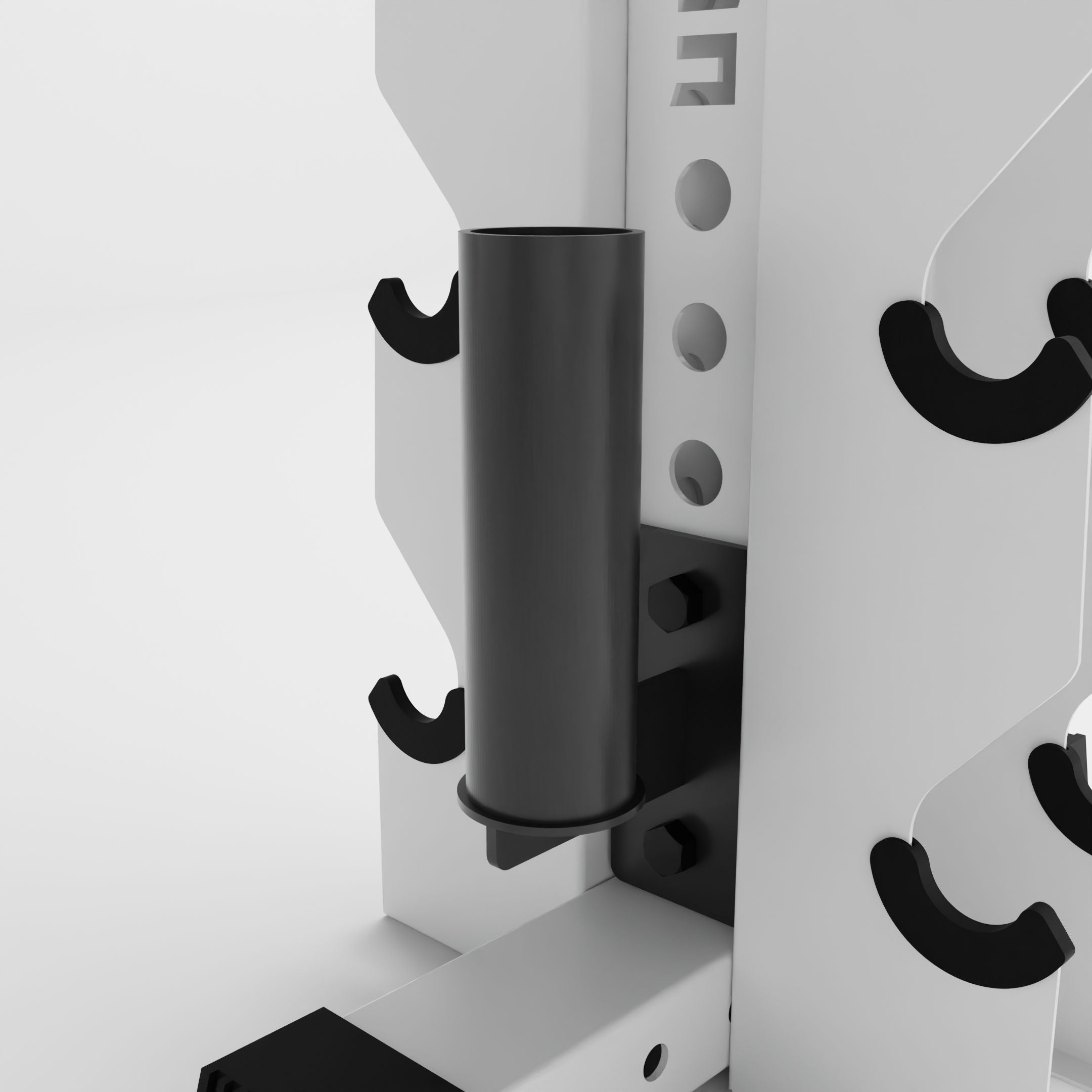 grey barbell holder attachment for a 3x3 upright attached to a vertical dumbbell rack