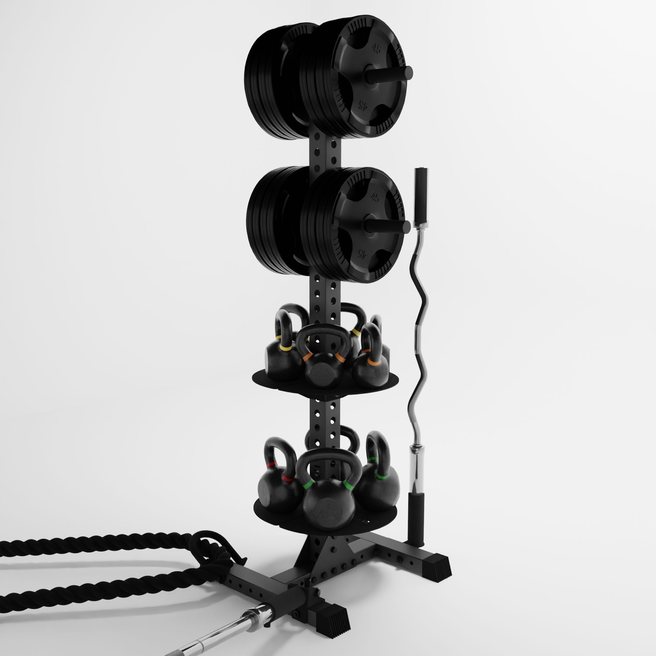 grey delta pk vertical hybrid weight plate and kettlebell storage rack storing weight plates, kettlebells, barbells, and a battle rope using storage attachment accessories