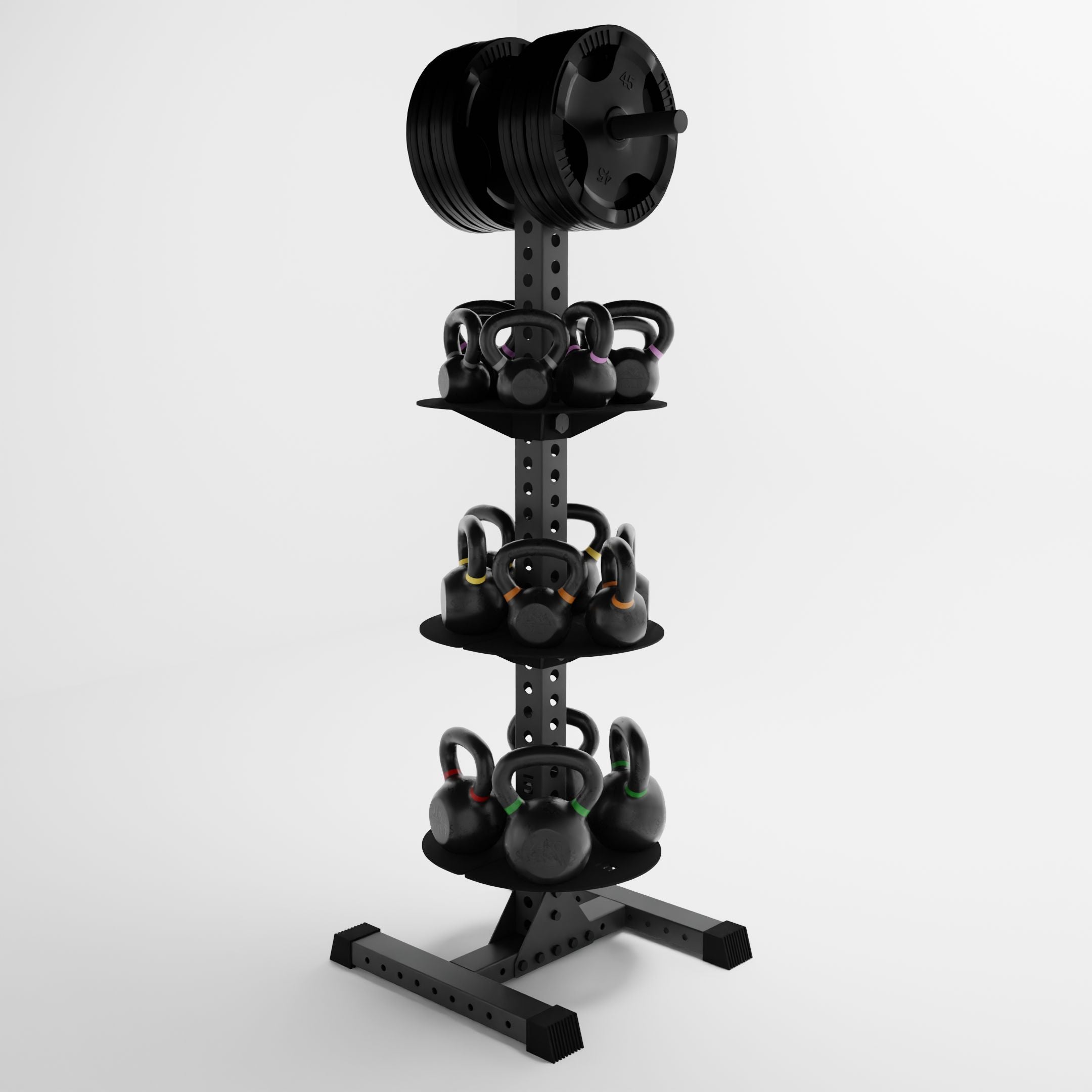 grey delta pk vertical hybrid weight plate and kettlebell storage rack storing weight plates and kettlebells side view