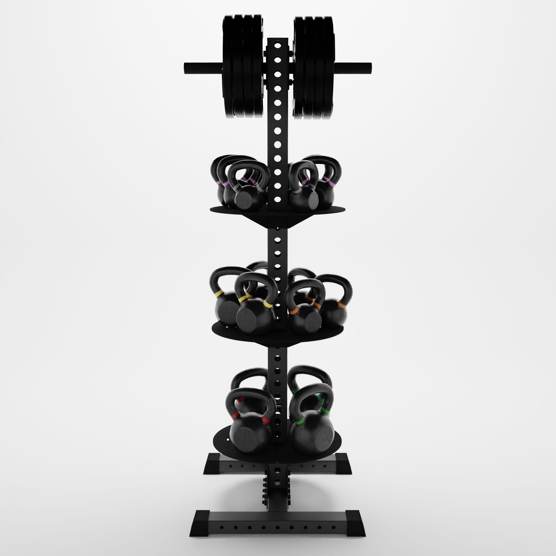 grey delta pk vertical hybrid weight plate and kettlebell storage rack storing weight plates and kettlebells