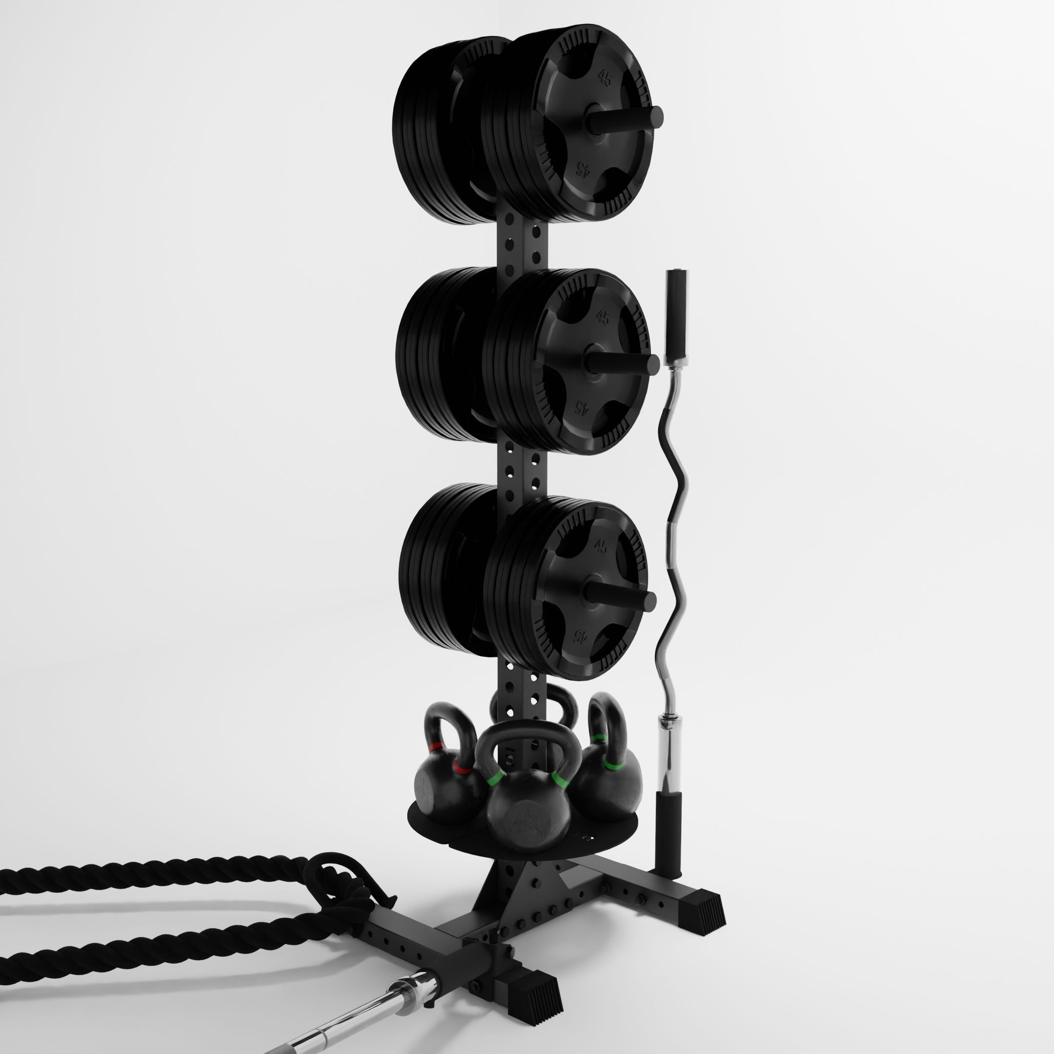grey delta pk vertical hybrid weight plate and kettlebell storage rack storing weight plates, kettlebells, barbells, and a battle rope using storage attachment accessories