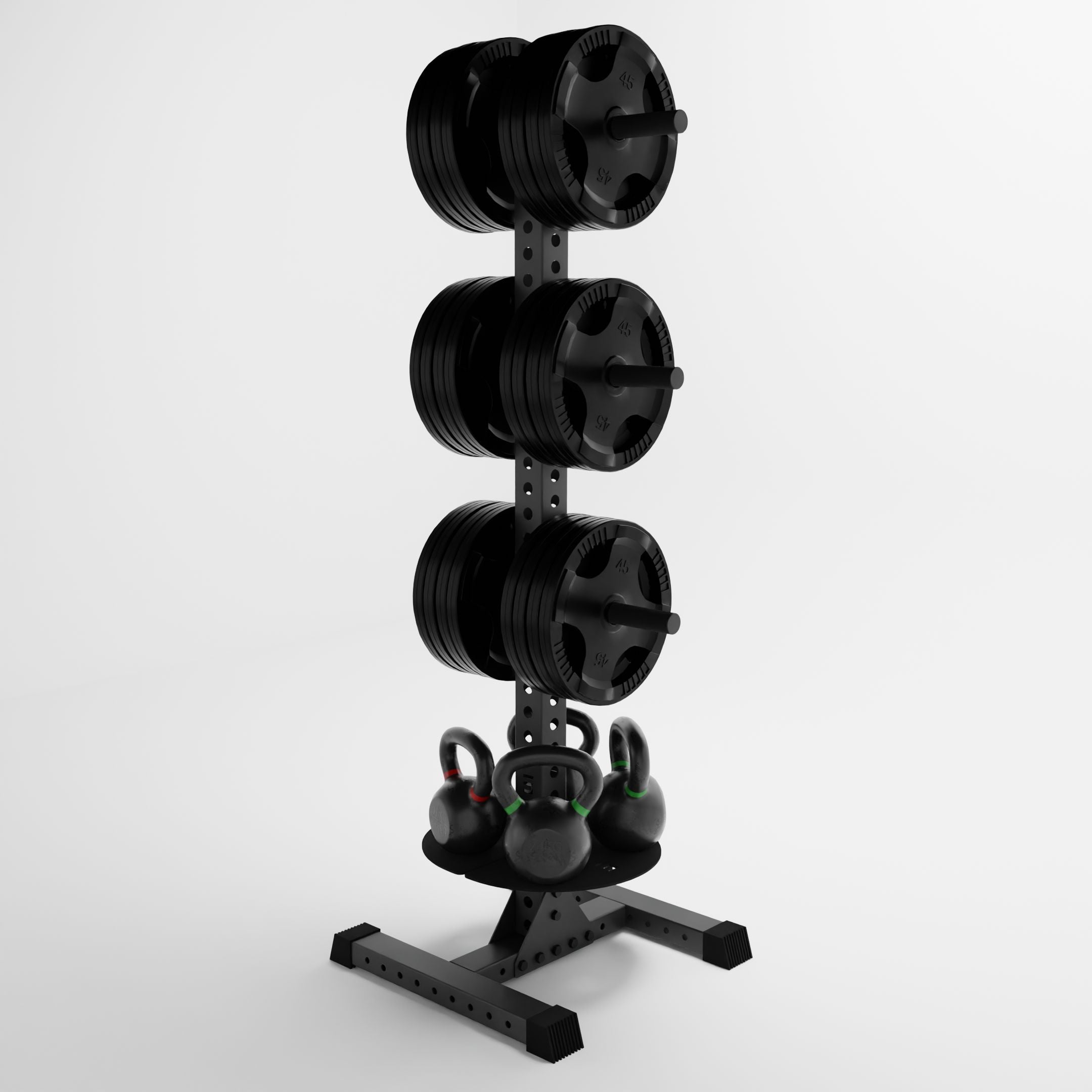 grey delta pk vertical hybrid weight plate and kettlebell storage rack storing weight plates and kettlebells side view