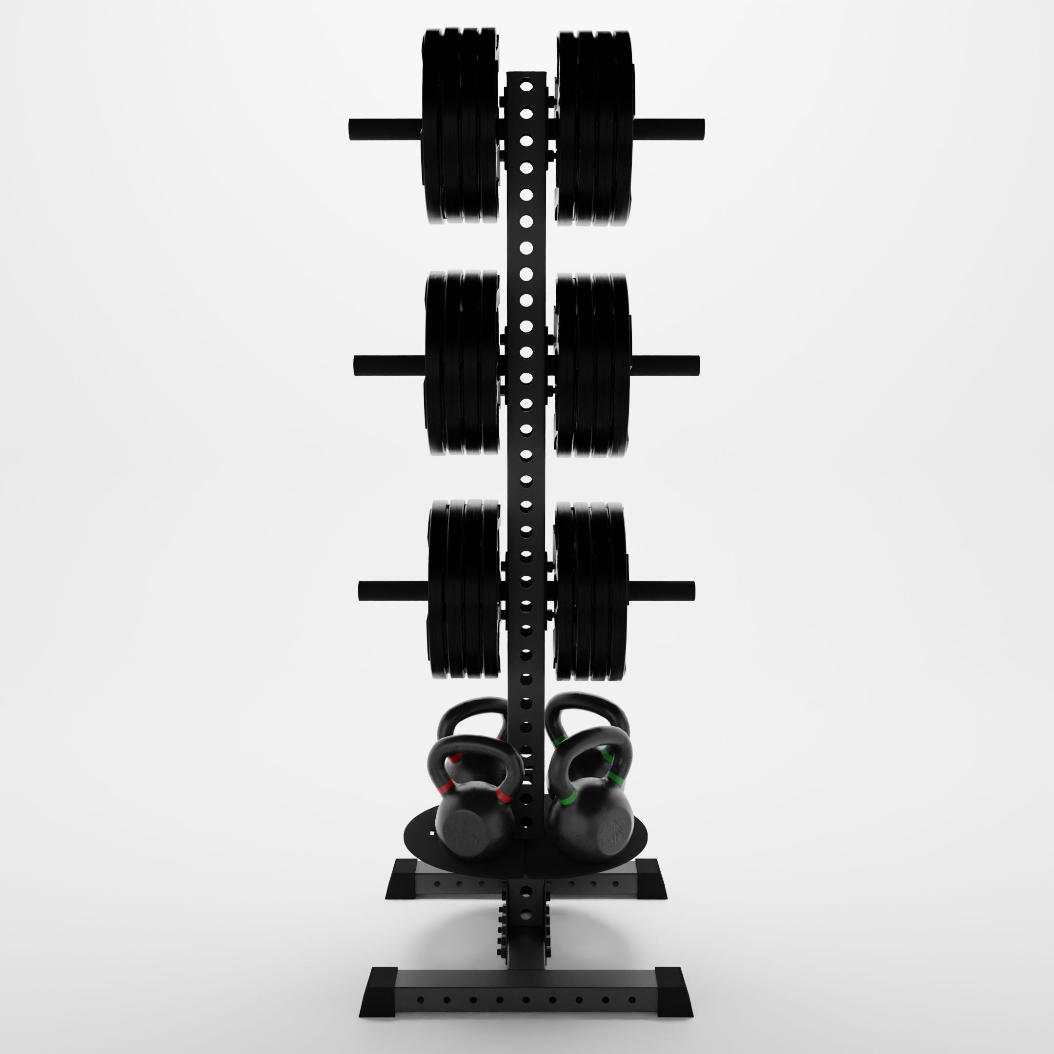 grey delta pk vertical hybrid weight plate and kettlebell storage rack storing weight plates and kettlebells