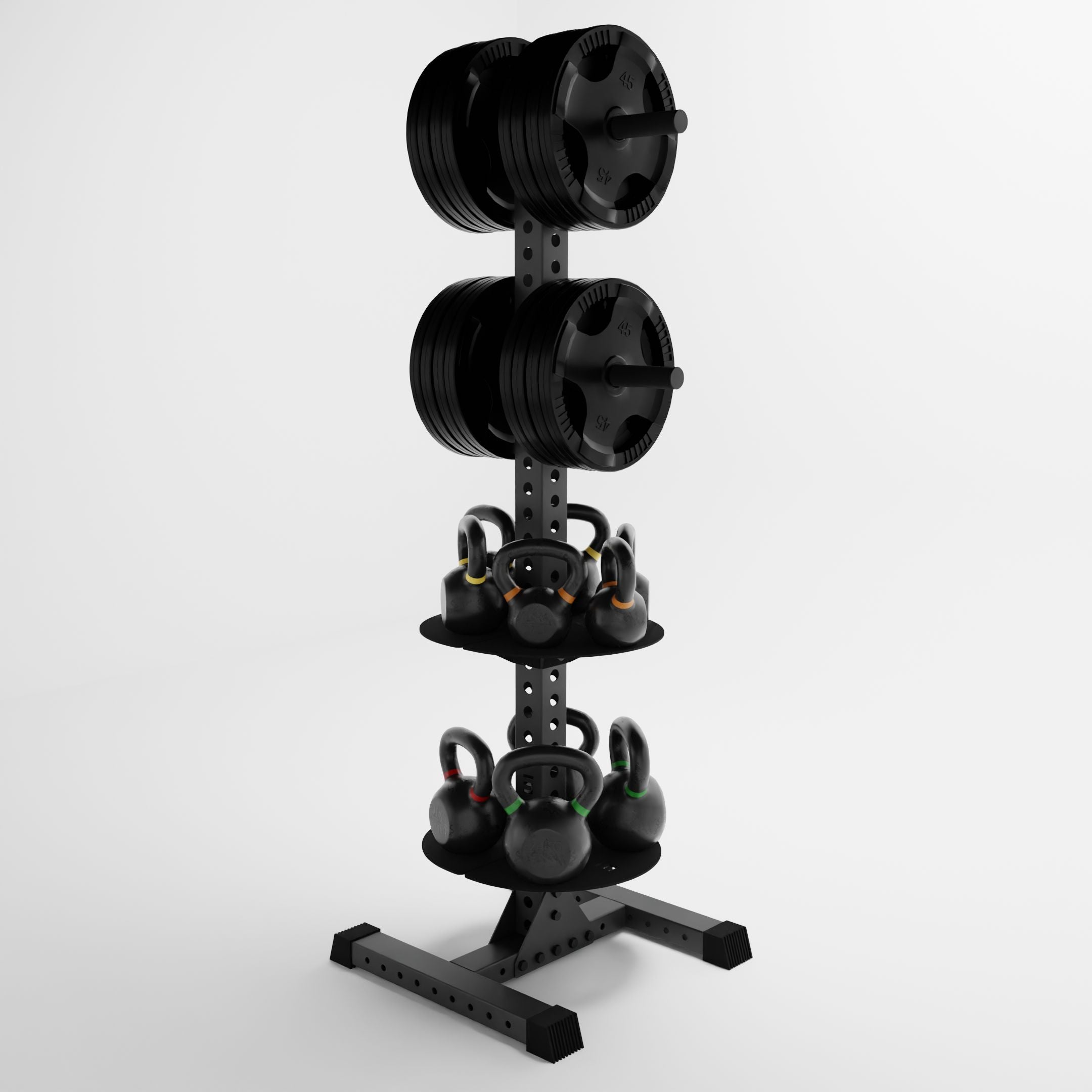 grey delta pk vertical hybrid weight plate and kettlebell storage rack storing weight plates and kettlebells side view