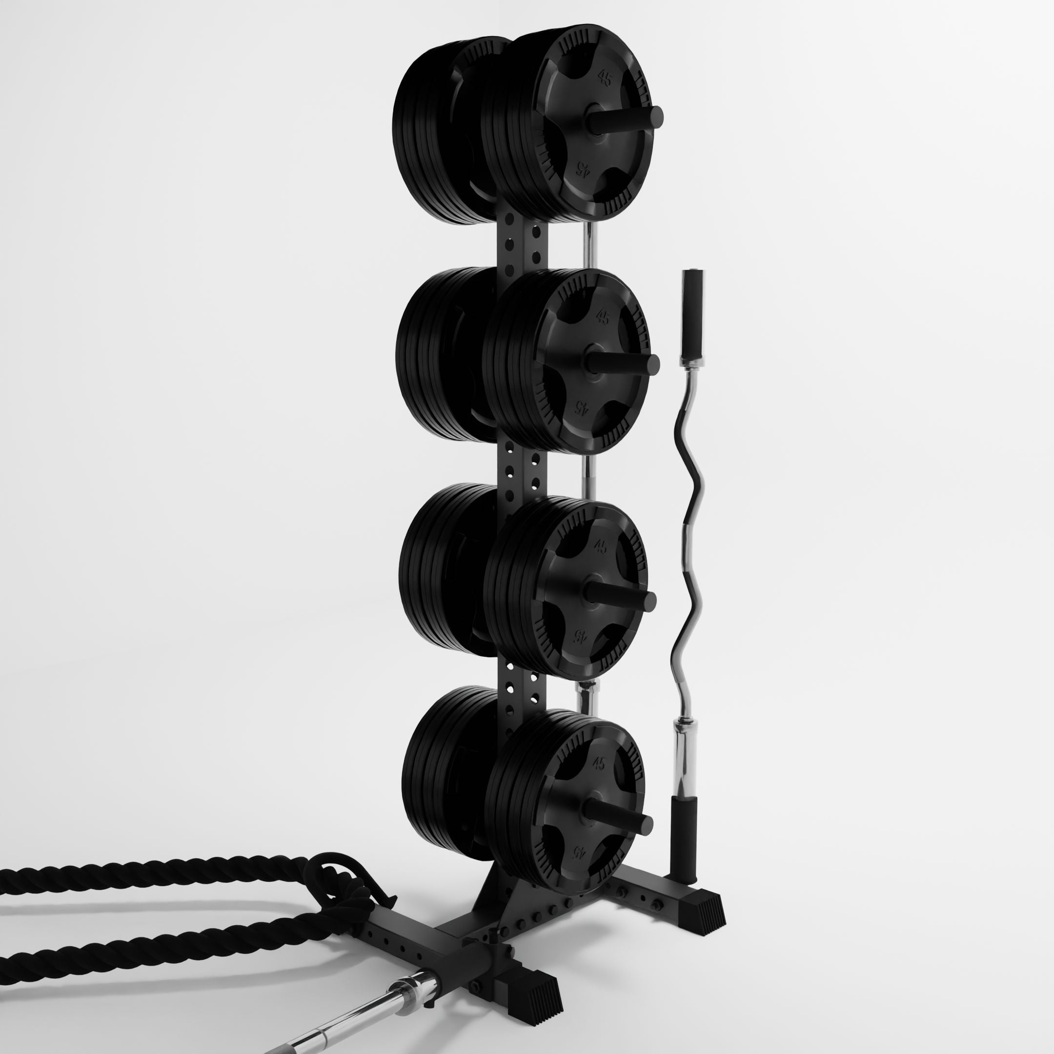 grey delta 4-tier vertical weight plate tree storing weight plates, barbells, and a battle rope using storage attachment accessories