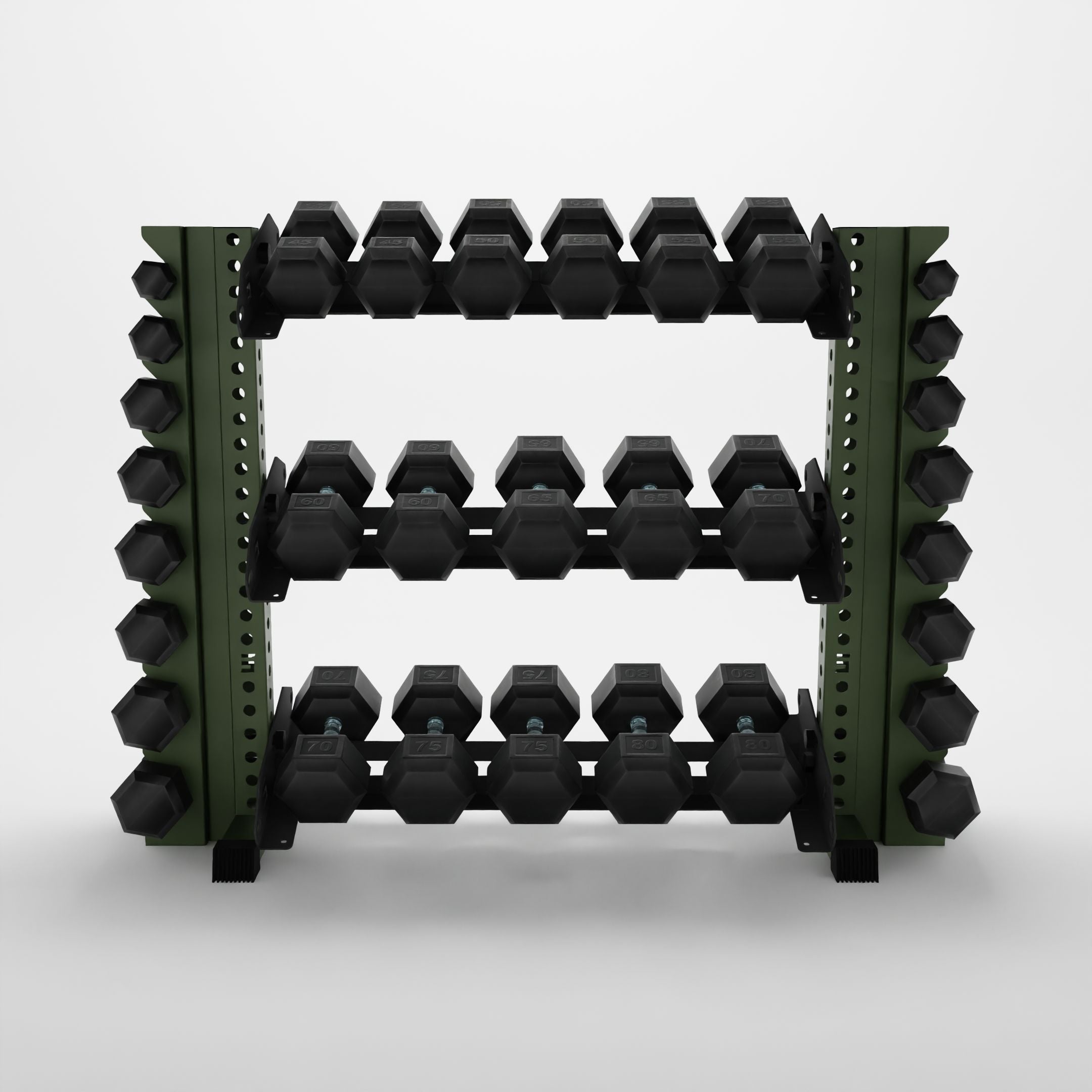 military green 43-inch alpha 3-tier horizontal dumbbell rack with vertical add-ons storing hex dumbbells
