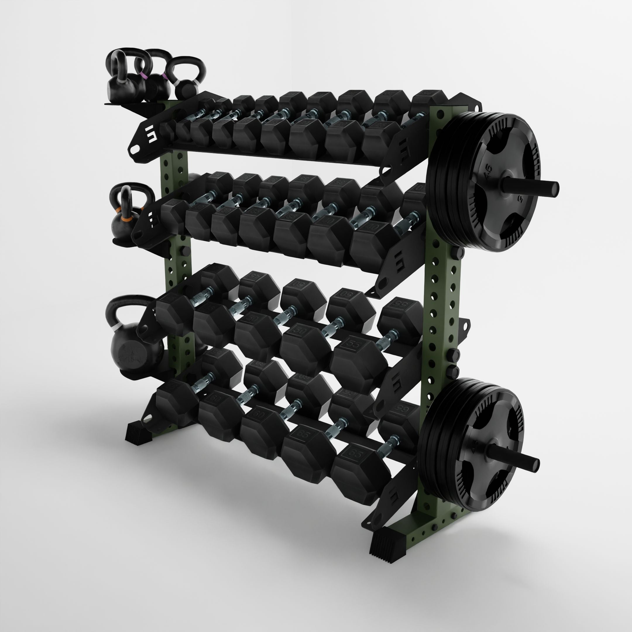 military green 43-inch alpha 4-tier horizontal dumbbell rack storing dumbbells, weight plates, and kettlebells using storage attachment accessories
