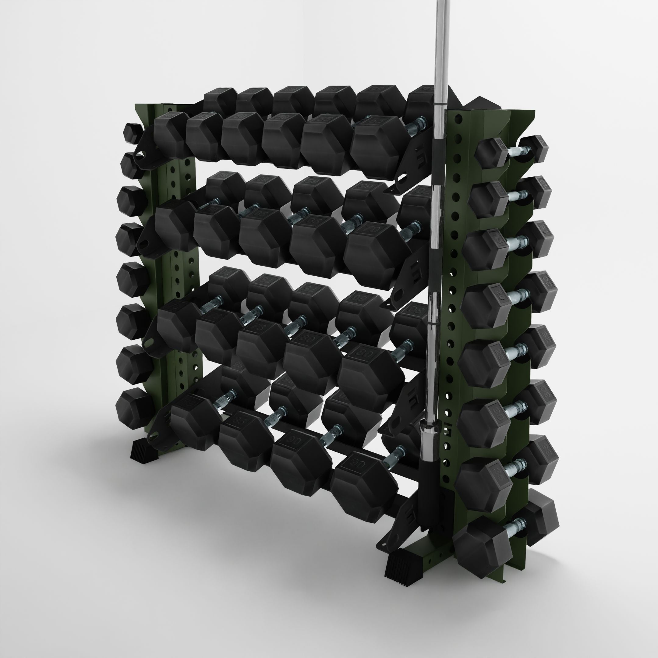 military green 43-inch alpha 4-tier horizontal dumbbell rack with vertical add-ons storing dumbbells and a barbell using a storage attachment accessory