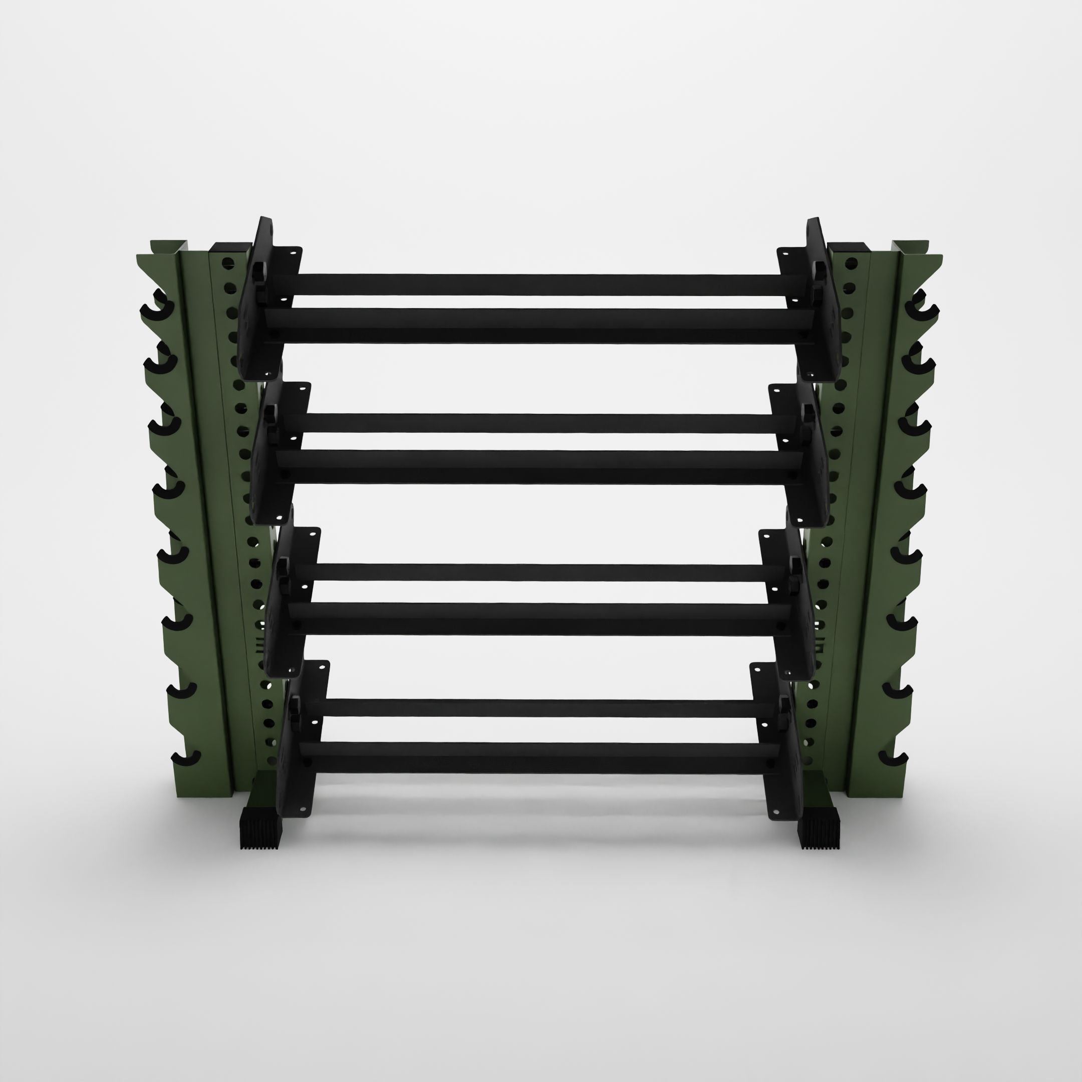 military green 43-inch alpha 4-tier horizontal dumbbell rack with vertical add-ons
