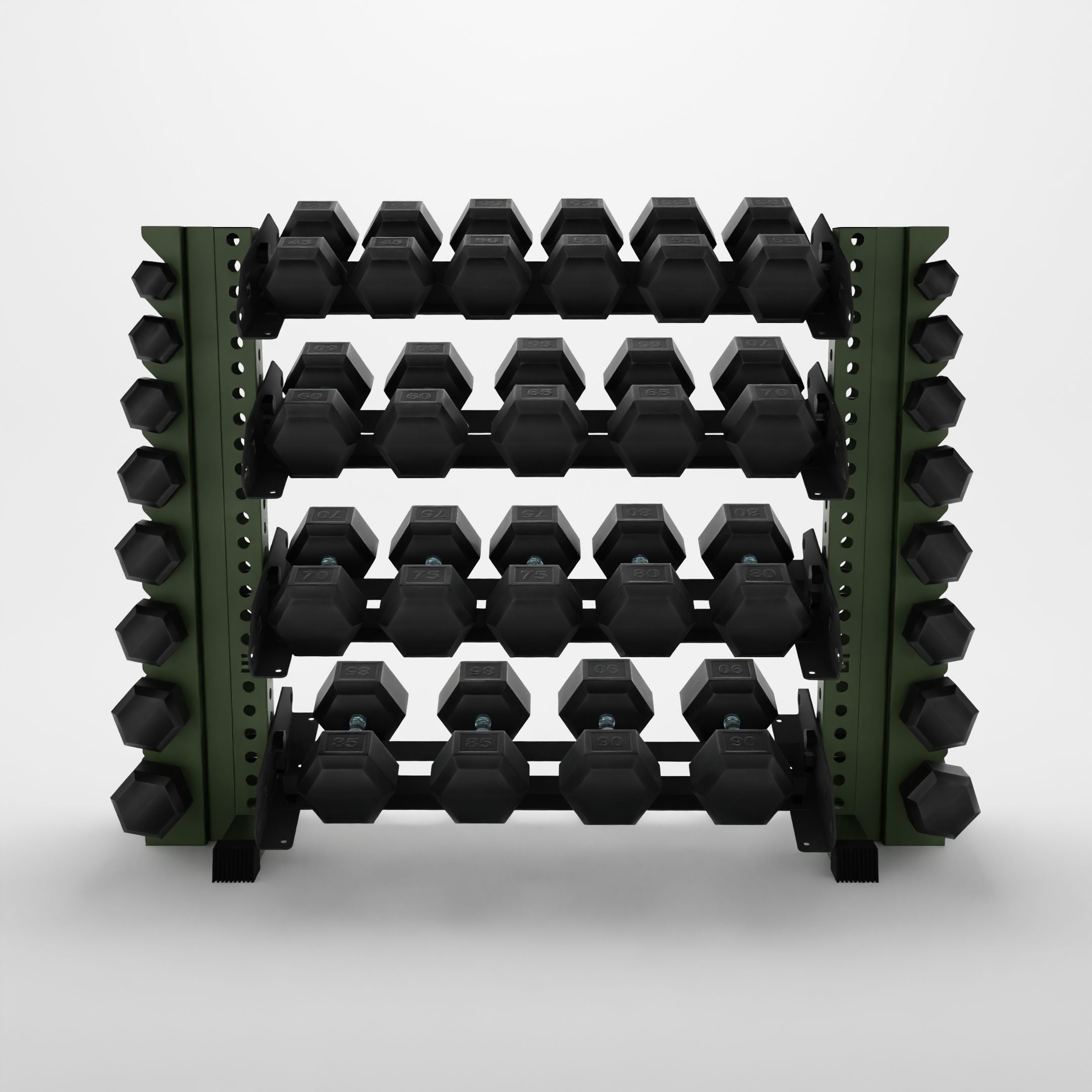 military green 43-inch alpha 4-tier horizontal dumbbell rack with vertical add-ons storing hex dumbbells