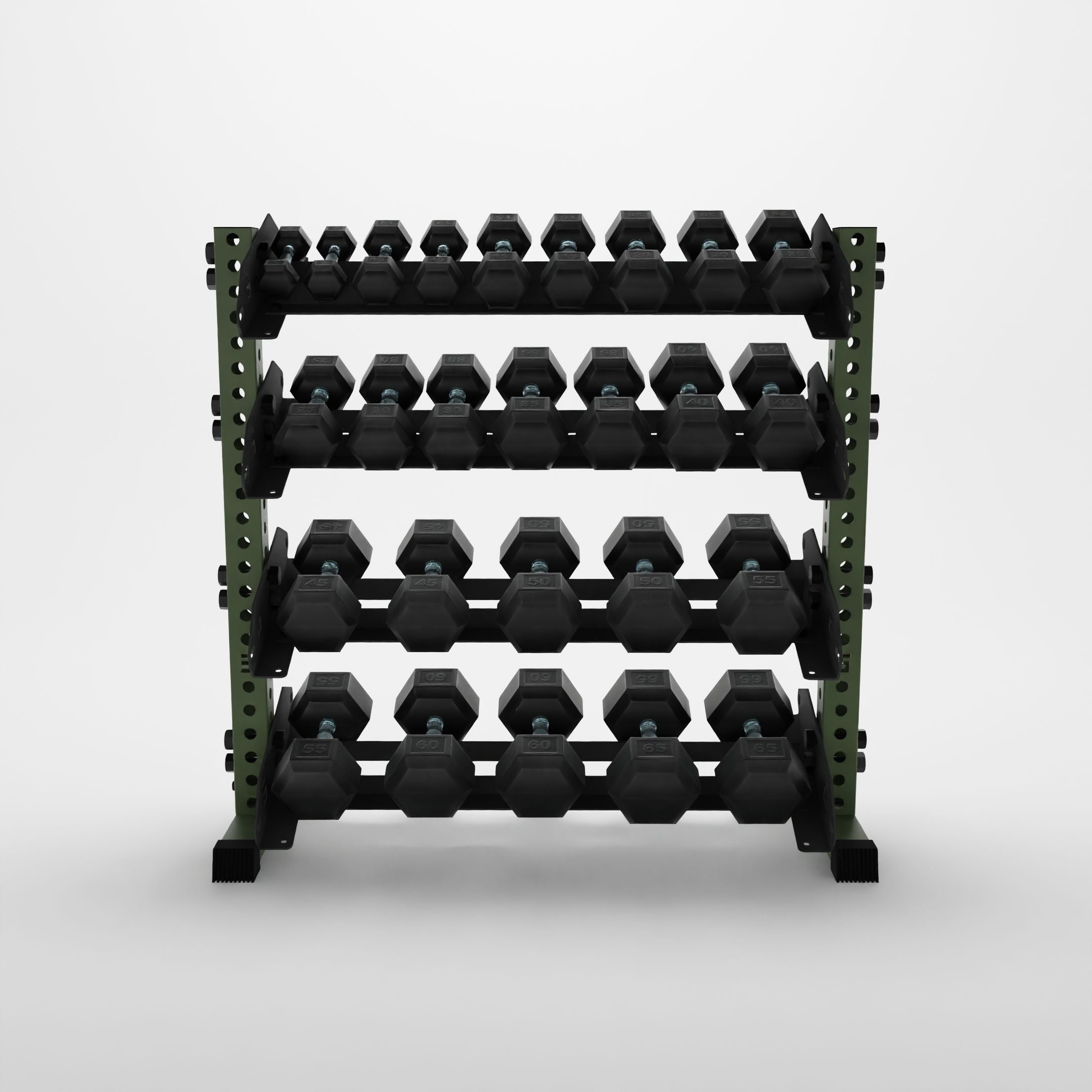 military green 43-inch alpha 4-tier horizontal dumbbell rack storing hex dumbbells