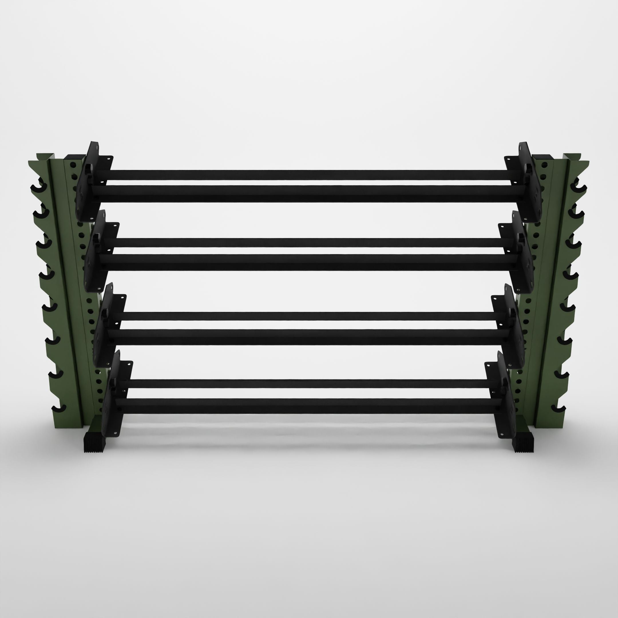 military green 70-inch alpha 4-tier horizontal dumbbell rack with vertical add-ons