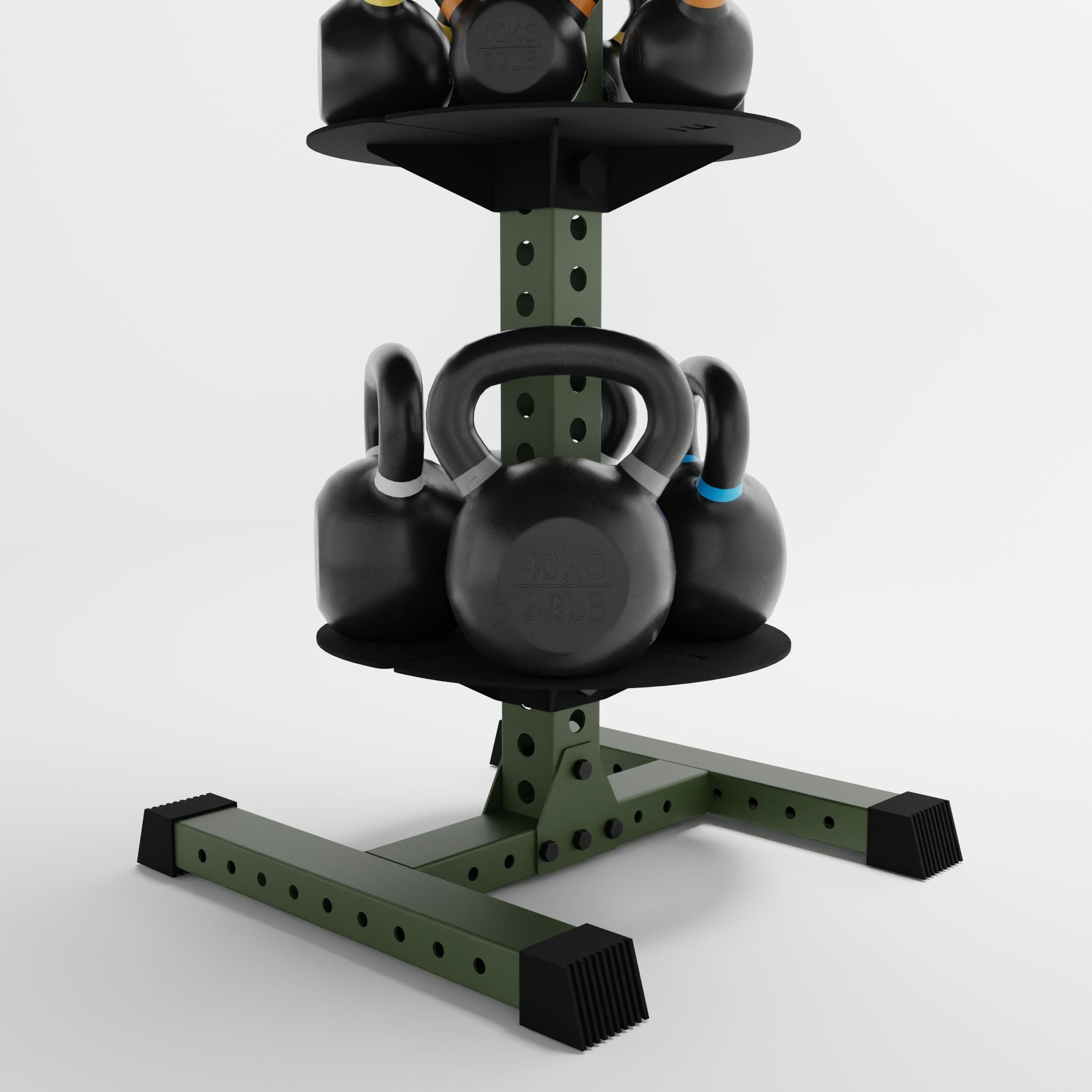 military green alpha 3-tier vertical kettlebell rack base holding kettlebells
