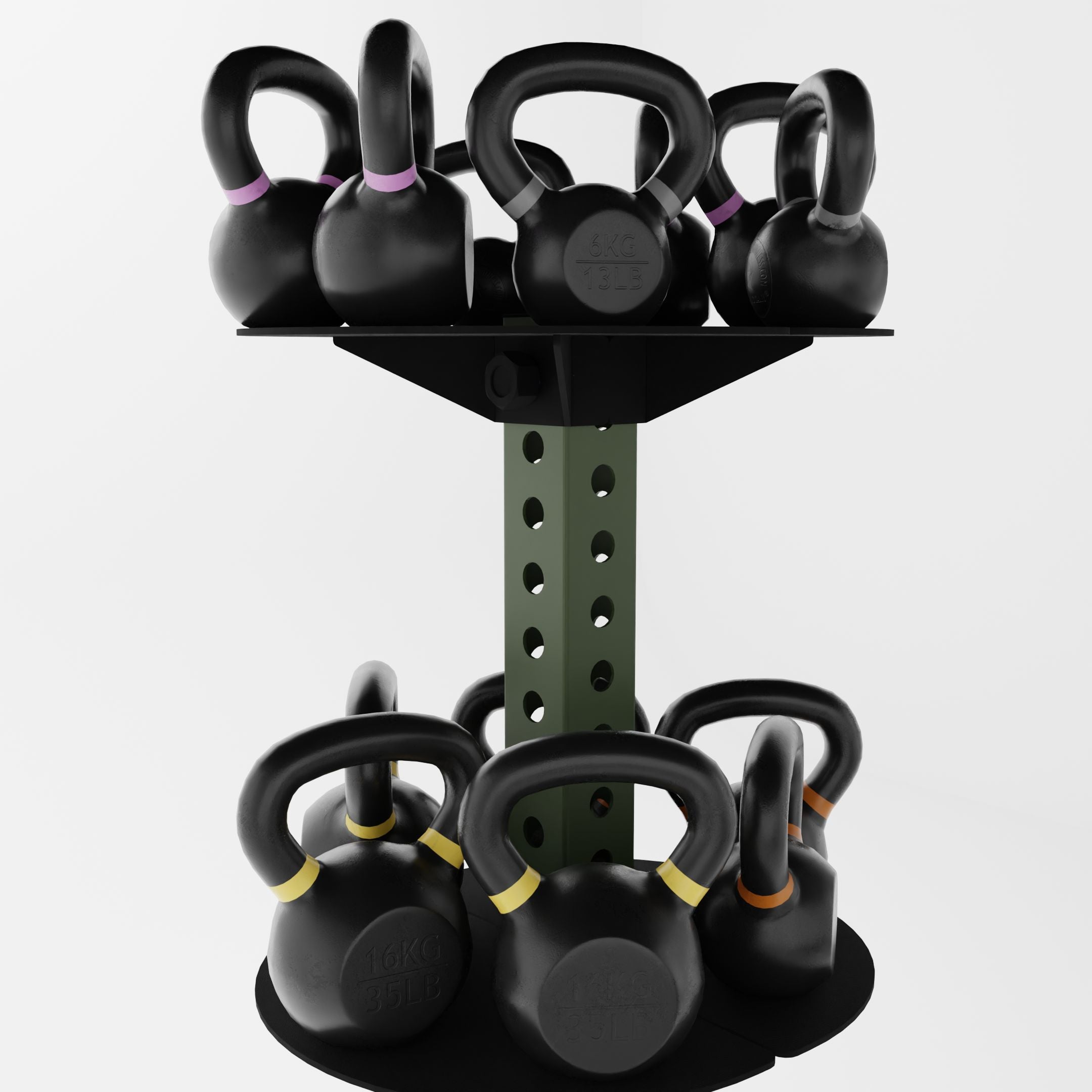 military green alpha vertical kettlebell rack holding kettlebells
