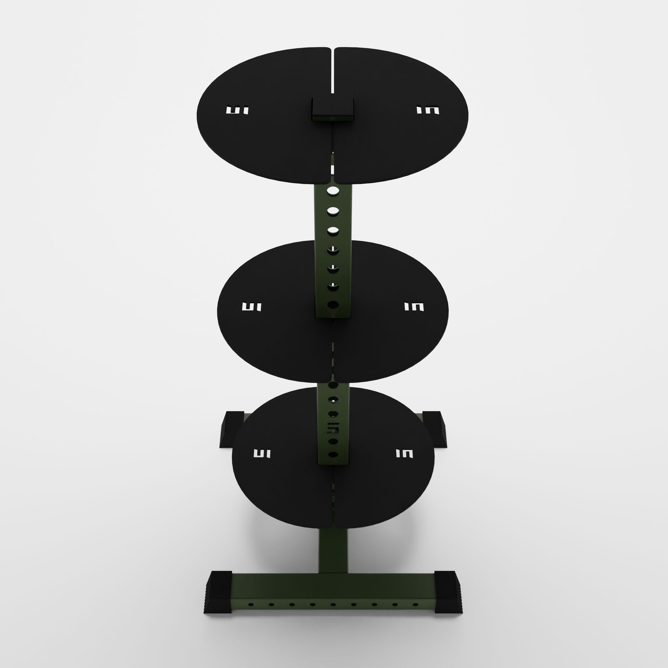 military green alpha 3-tier vertical kettlebell rack top view