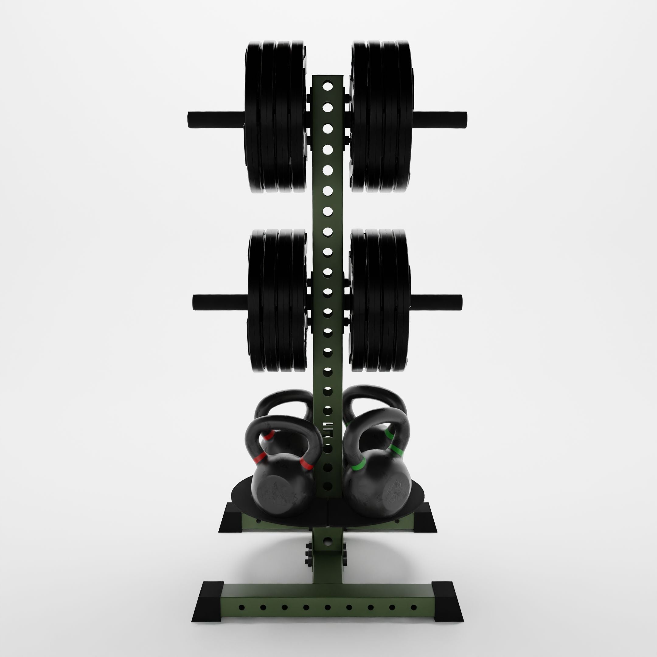 military green alpha pk vertical hybrid plates and kettlebell storage rack storing weight plates and kettlebells