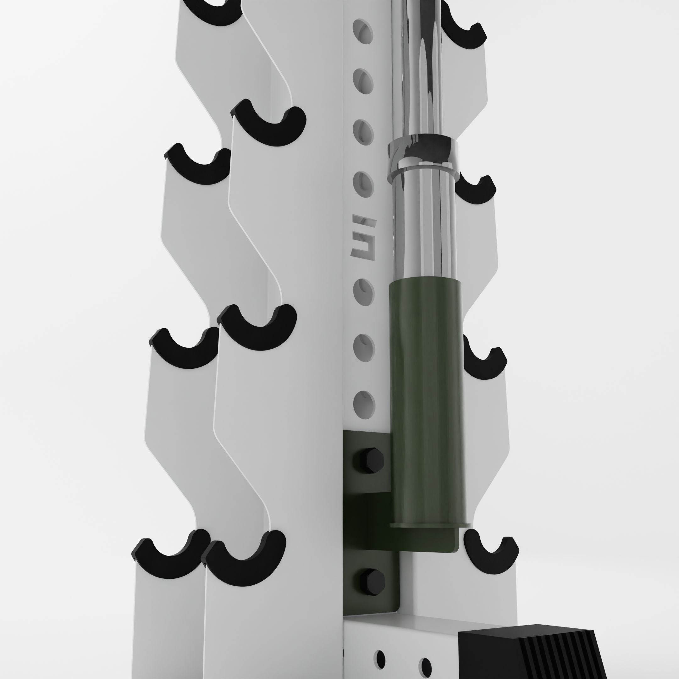 military green barbell holder attachment for a 3x3 upright holding a barbell