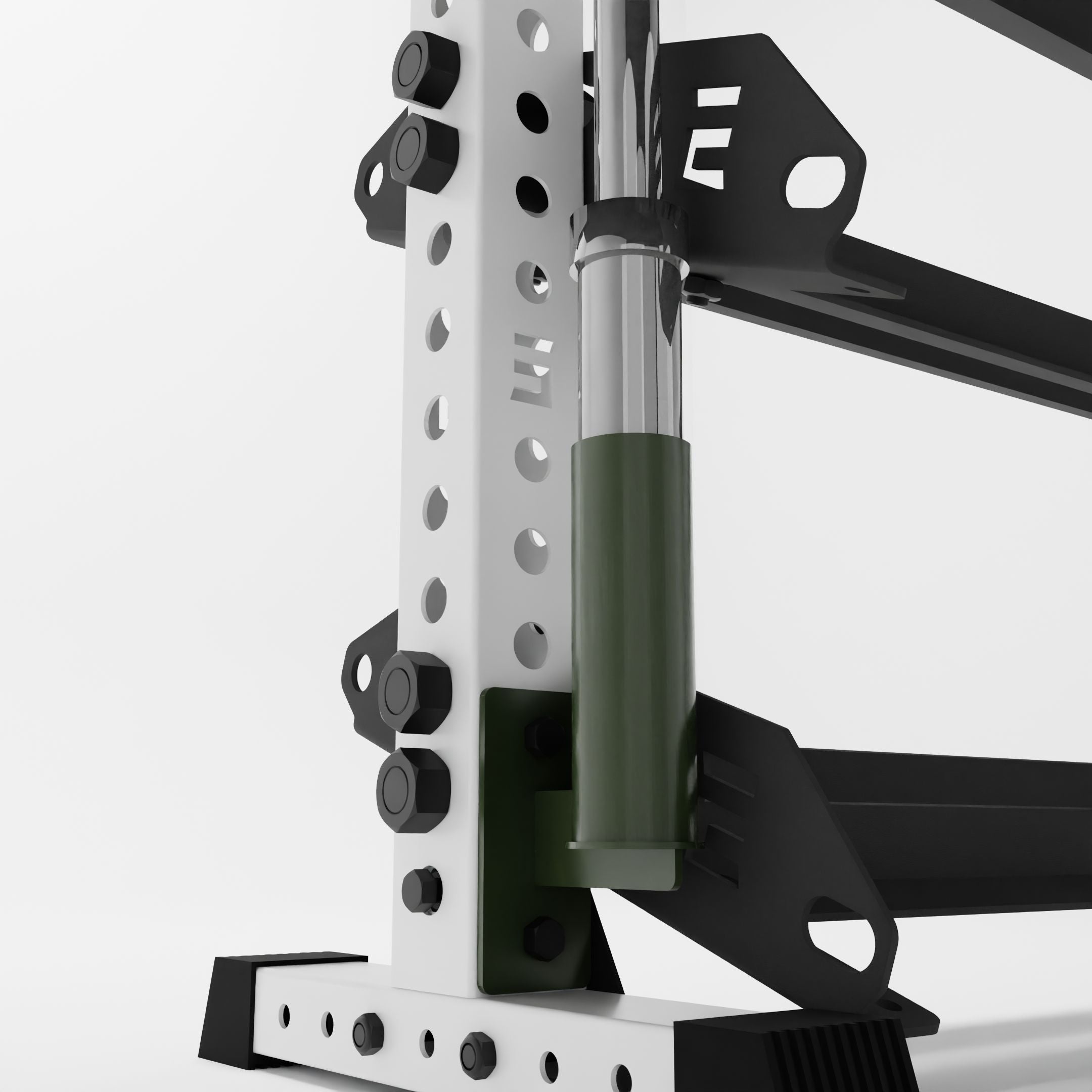 military green barbell holder attachment for a 3x3 upright attached to a horizontal dumbbell rack