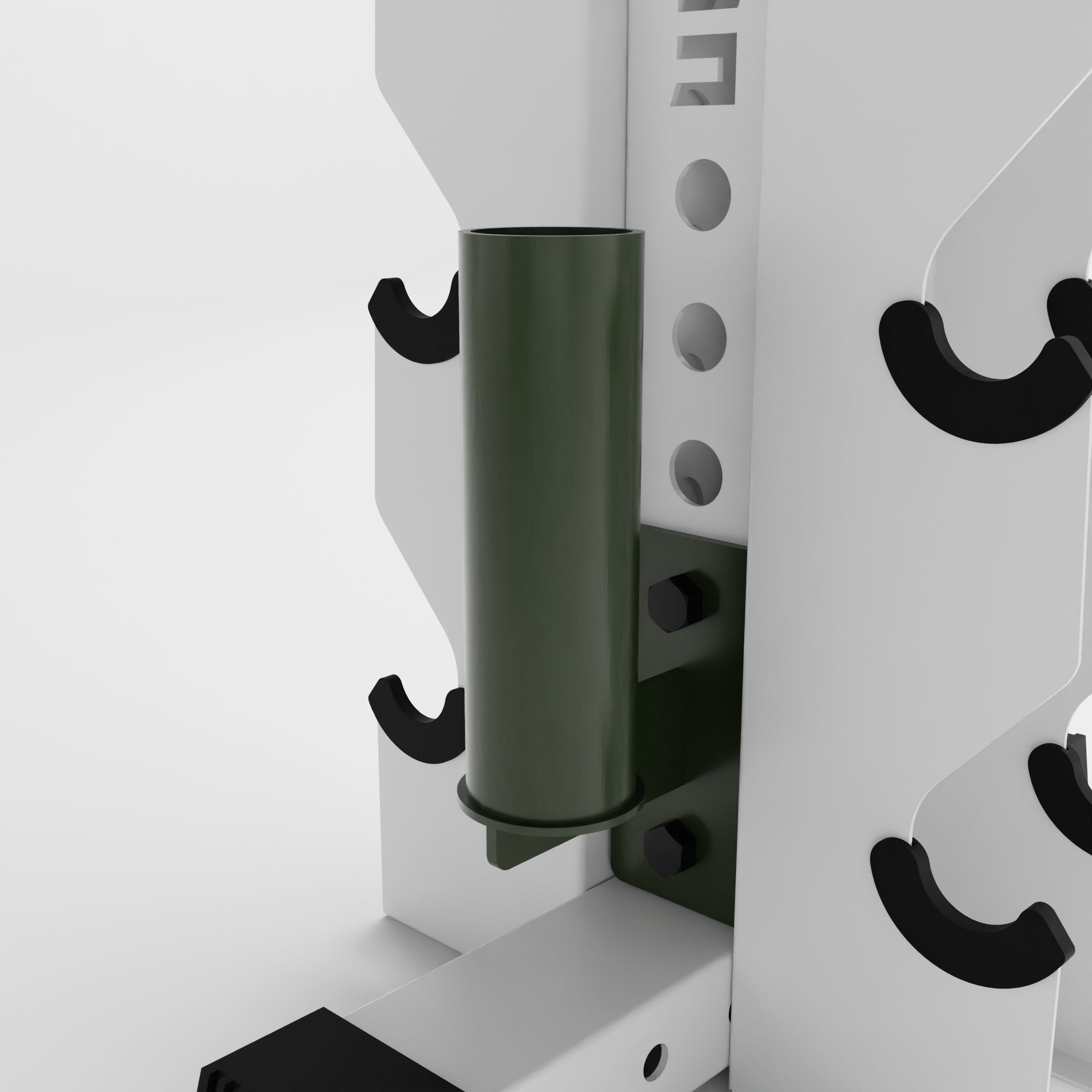 military green barbell holder attachment for a 3x3 upright attached to a vertical dumbbell rack