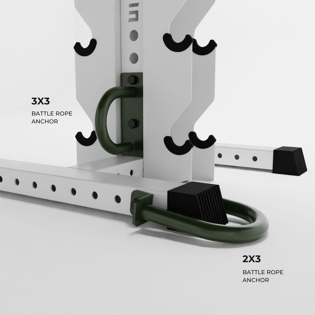 military green battle rope anchors attached to a rack base