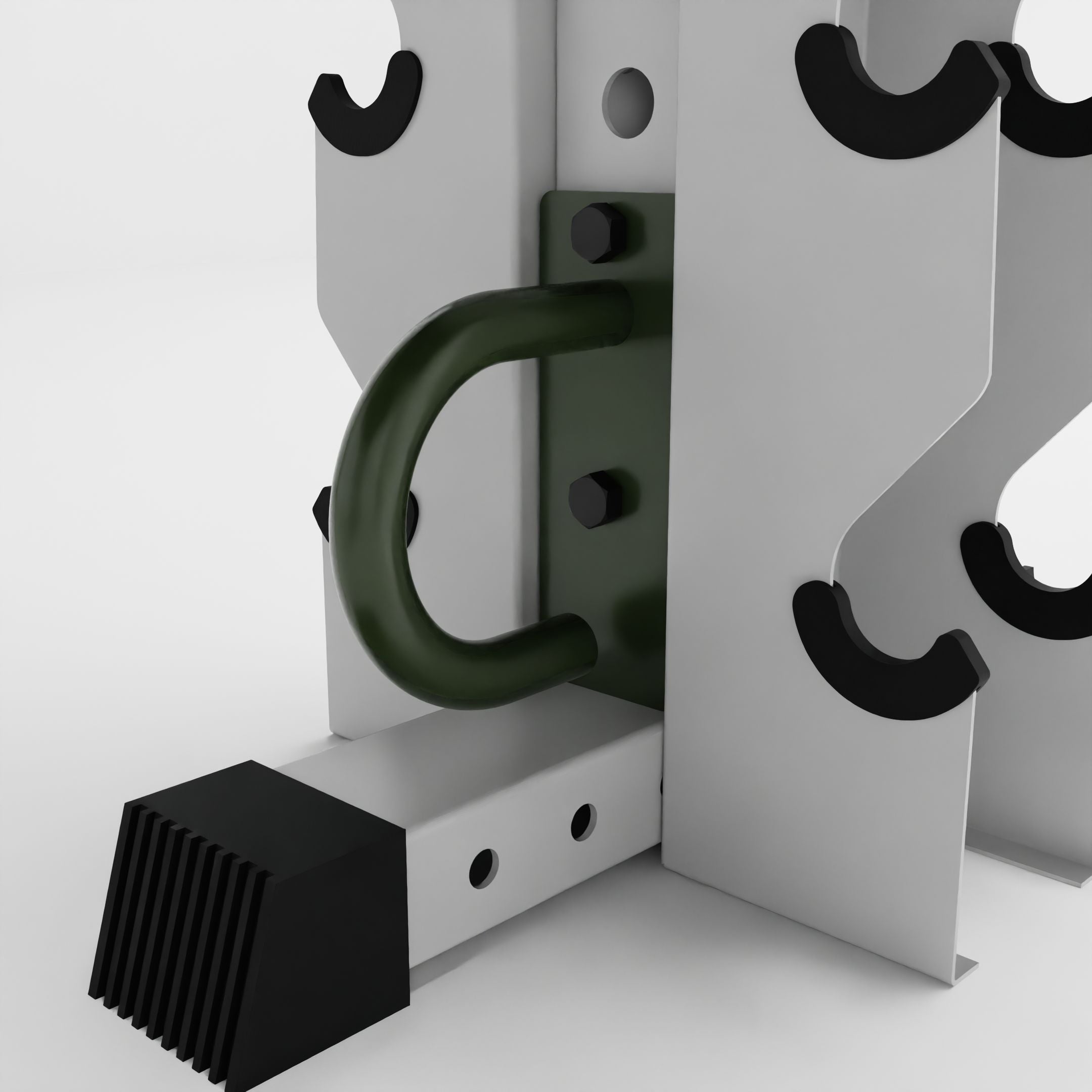 military green battle rope anchor for a 3x3 upright attached to a rack base