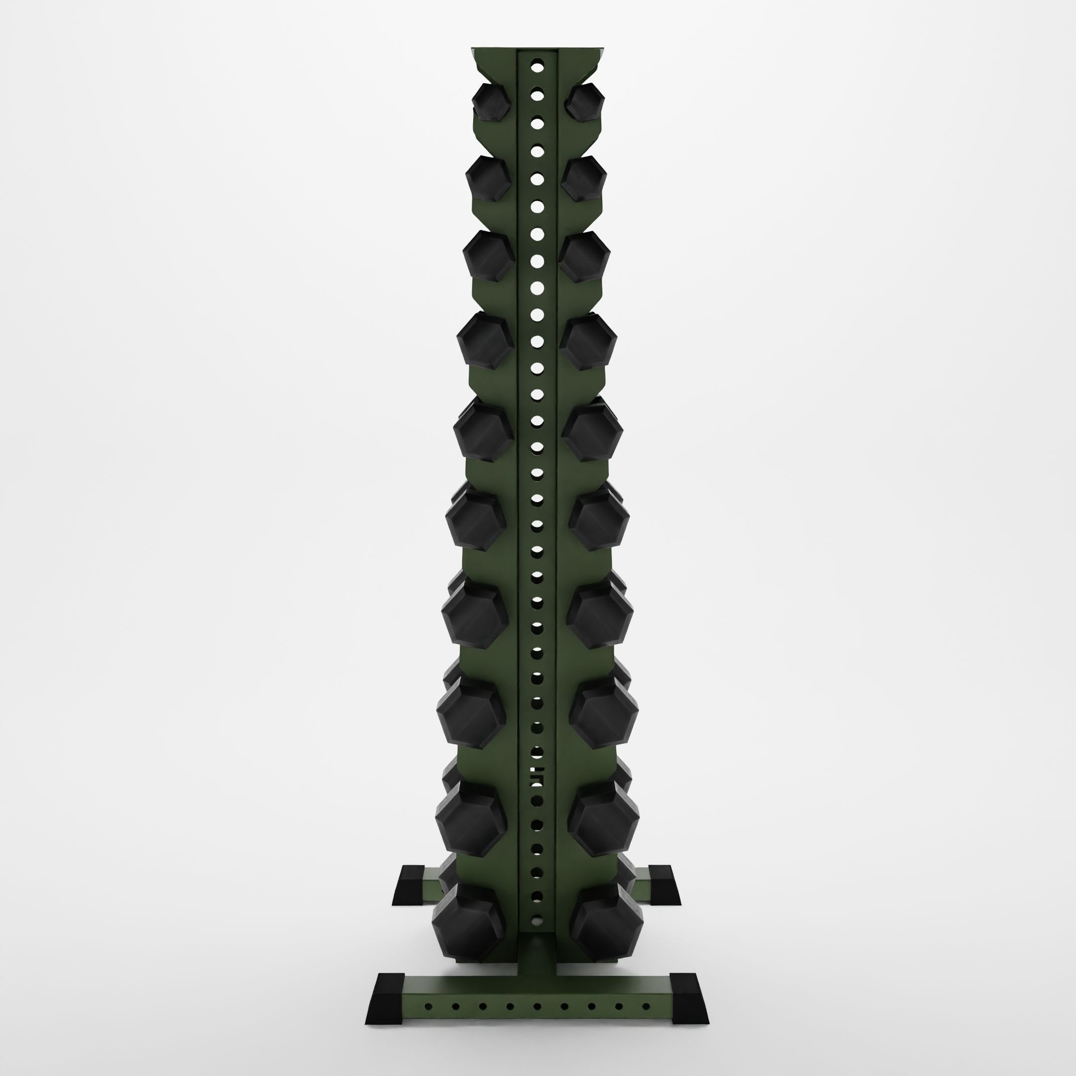 military green delta 10-tier vertical dumbbell storage rack storing hex dumbbells