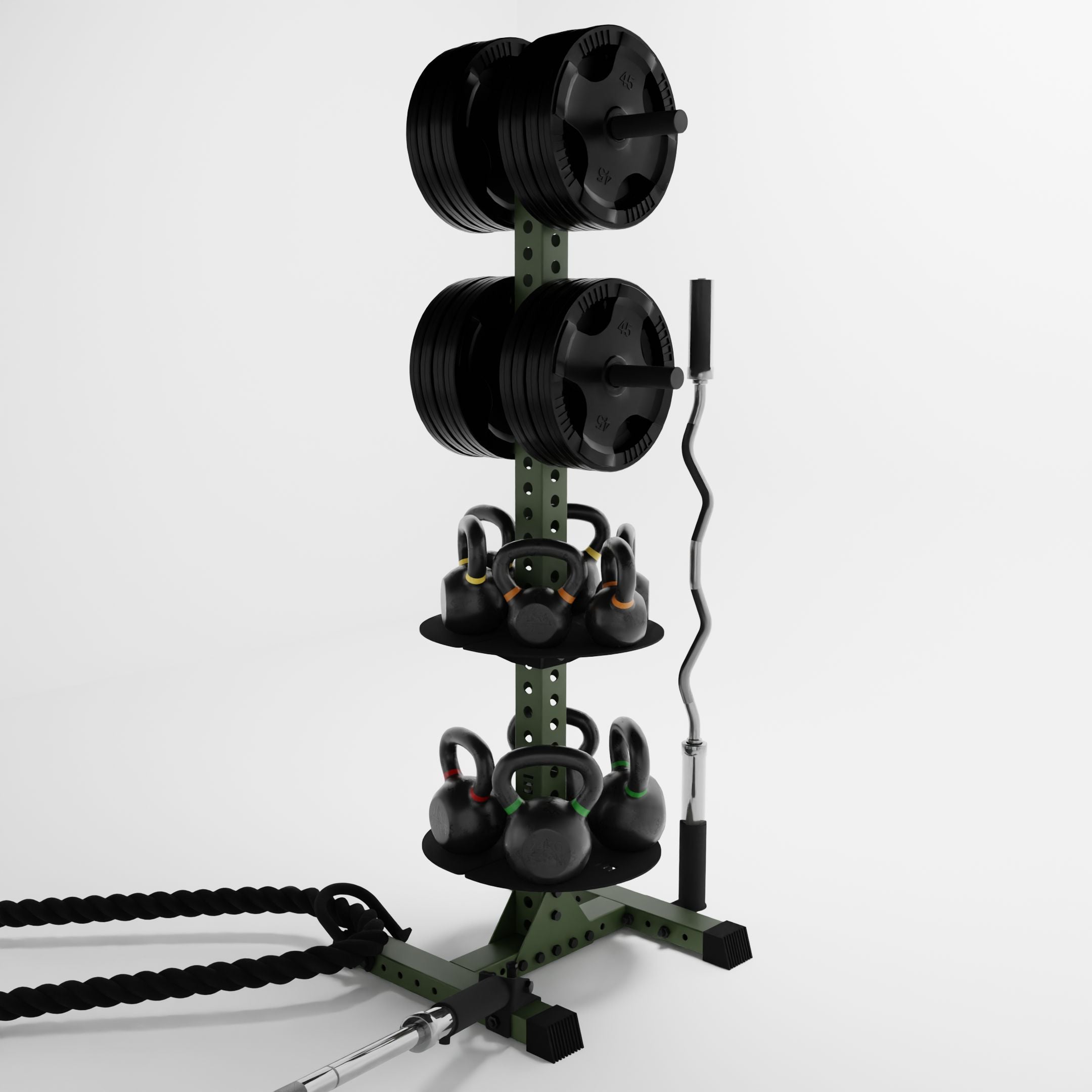 military green delta pk vertical hybrid weight plate and kettlebell storage rack storing weight plates, kettlebells, barbells, and a battle rope using storage attachment accessories