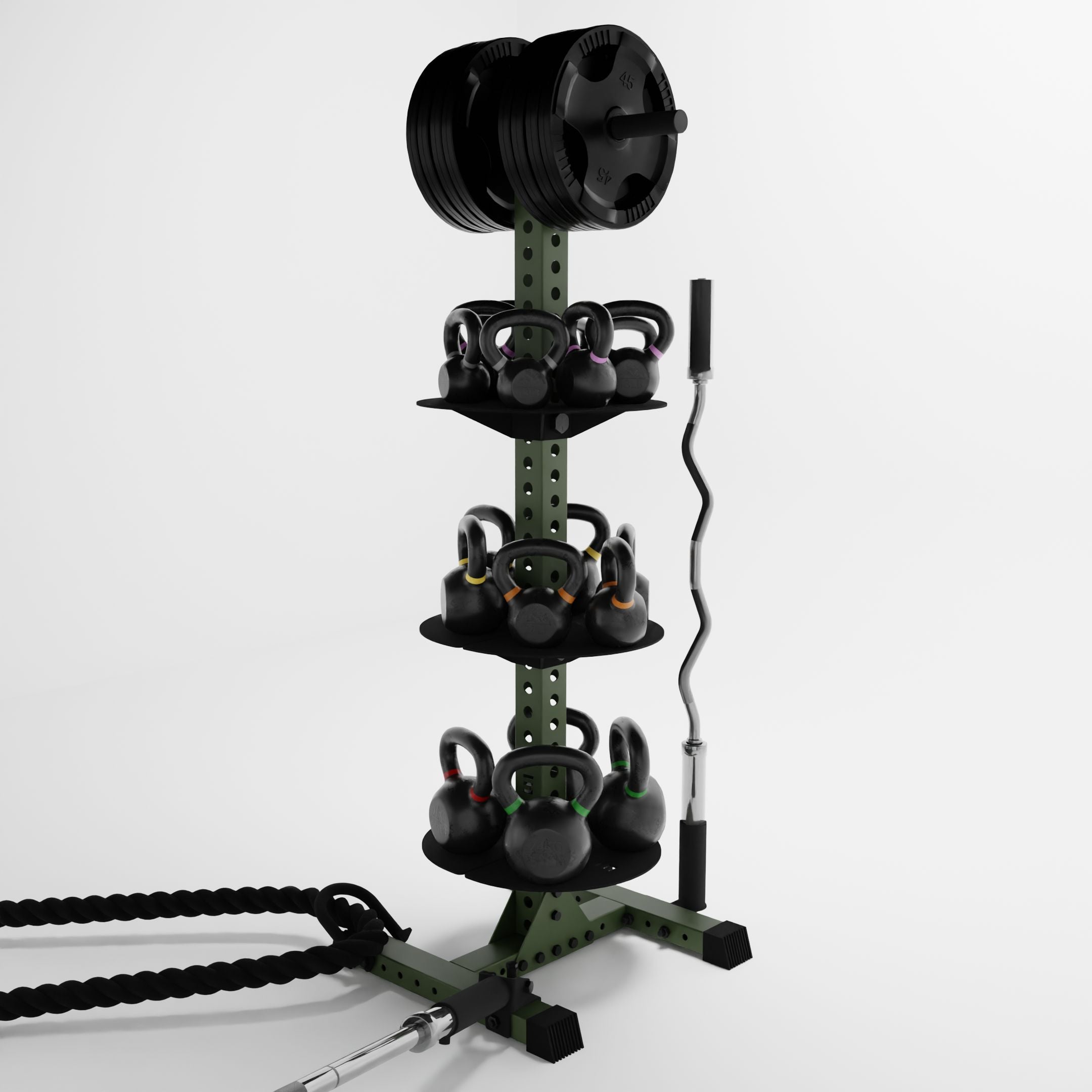military green delta pk vertical hybrid weight plate and kettlebell storage rack storing weight plates, kettlebells, barbells, and a battle rope using storage attachment accessories