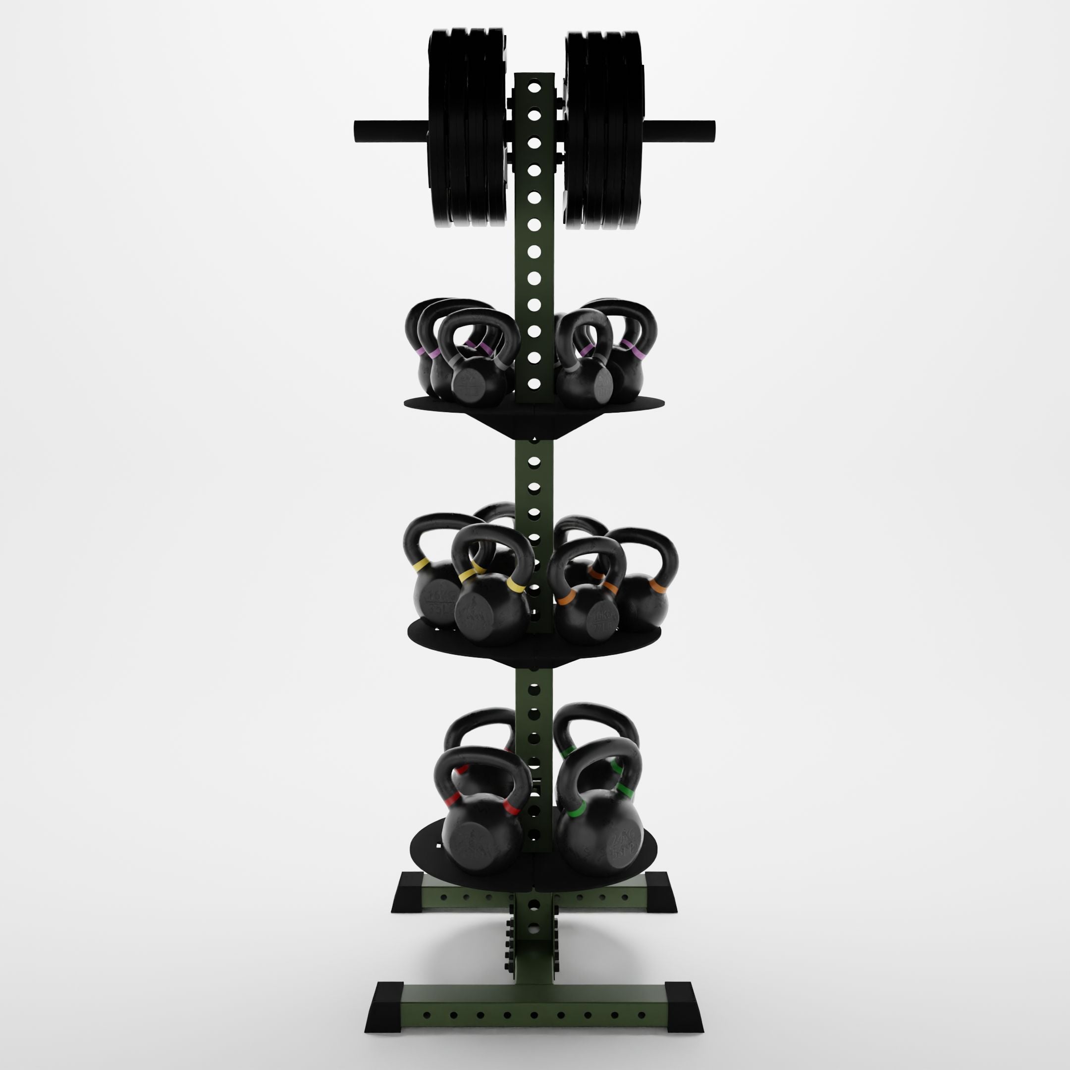 military green delta pk vertical hybrid weight plate and kettlebell storage rack storing weight plates and kettlebells