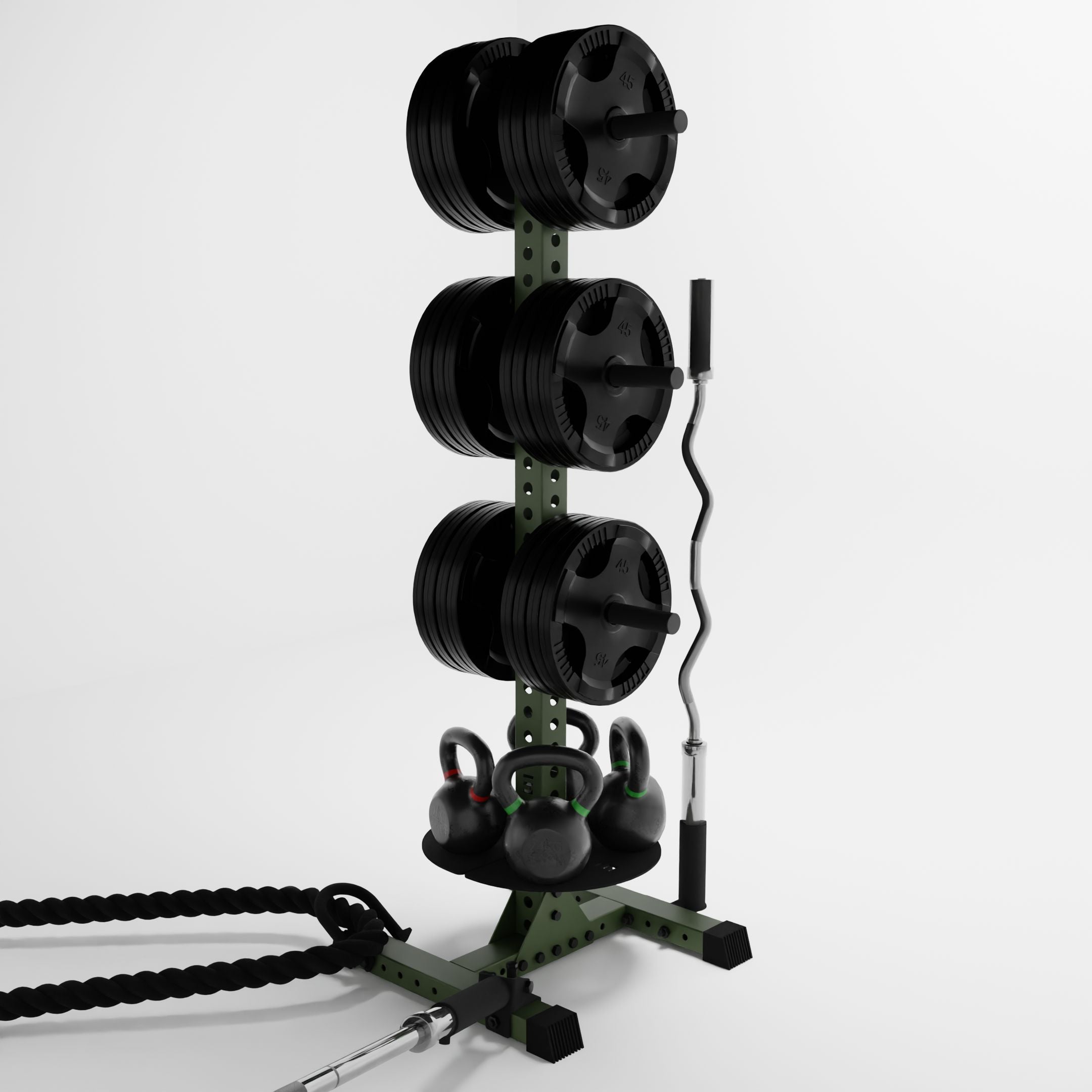 military green delta pk vertical hybrid weight plates and kettlebell storage rack storing weight plates, kettlebells, barbells, and a battle rope using storage attachment accessories