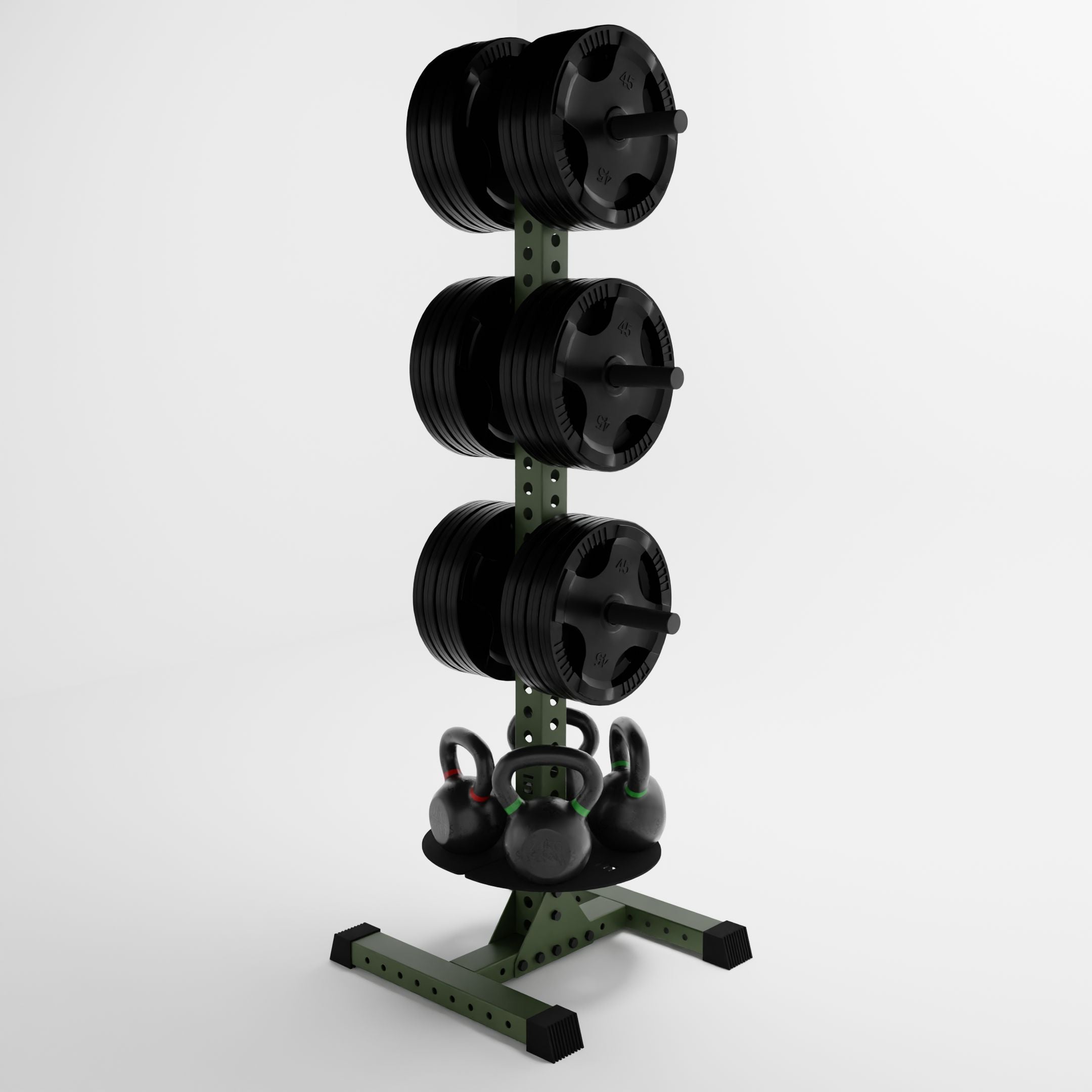 military green delta pk vertical hybrid weight plate and kettlebell storage rack storing weight plates and kettlebells side view