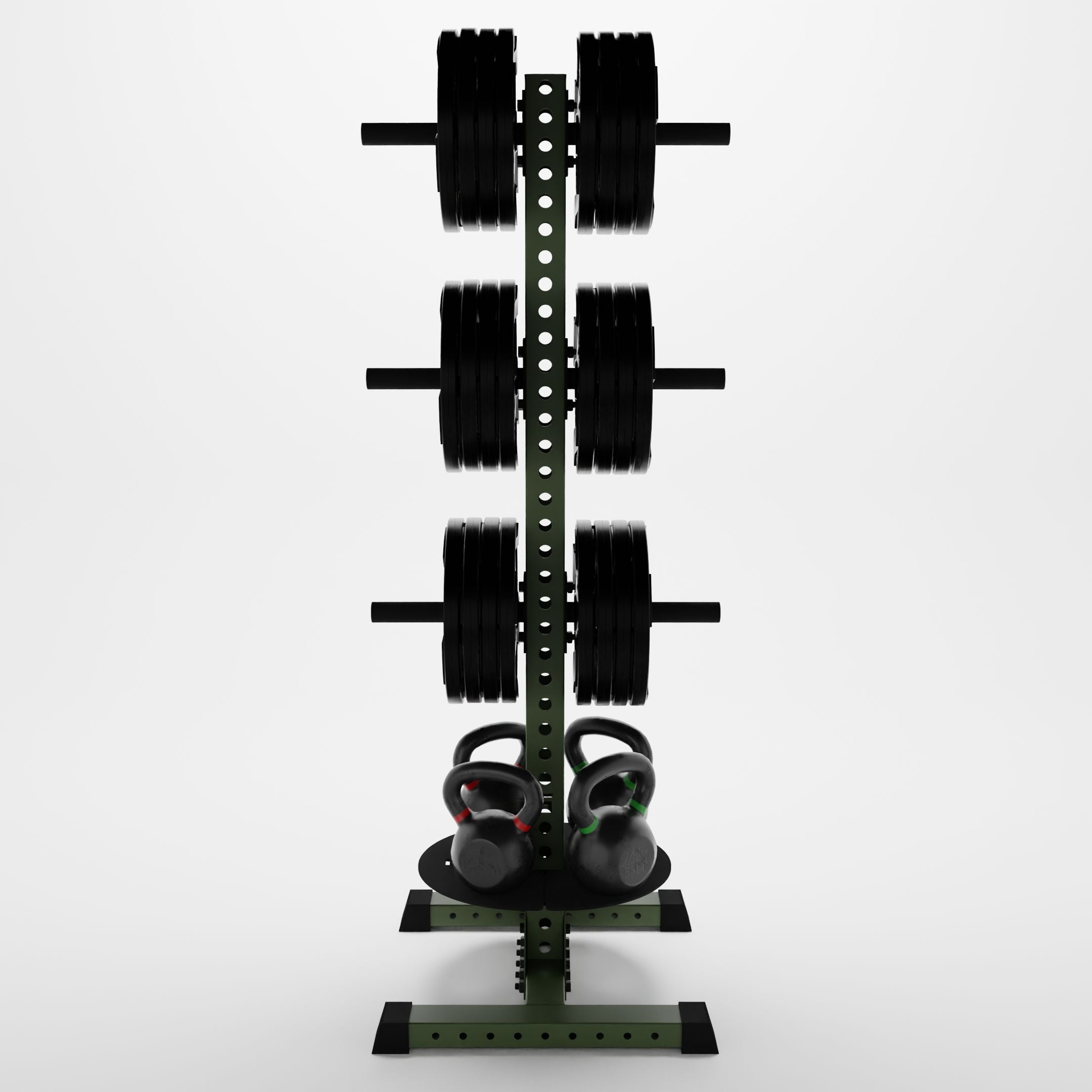 military green delta pk vertical hybrid weight plate and kettlebell storage rack storing weight plates and kettlebells