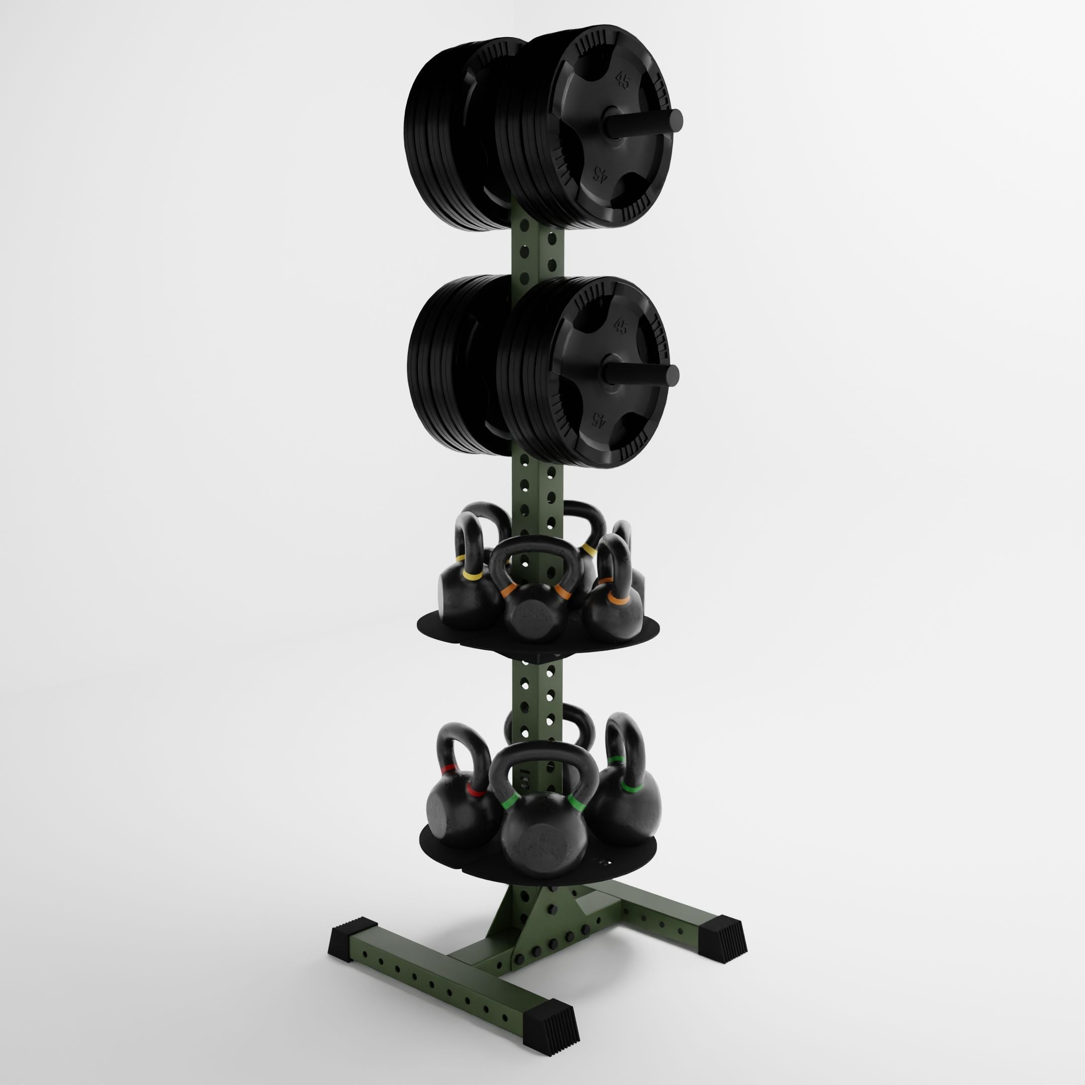 military green delta pk vertical hybrid weight plate and kettlebell storage rack storing weight plates and kettlebells side view