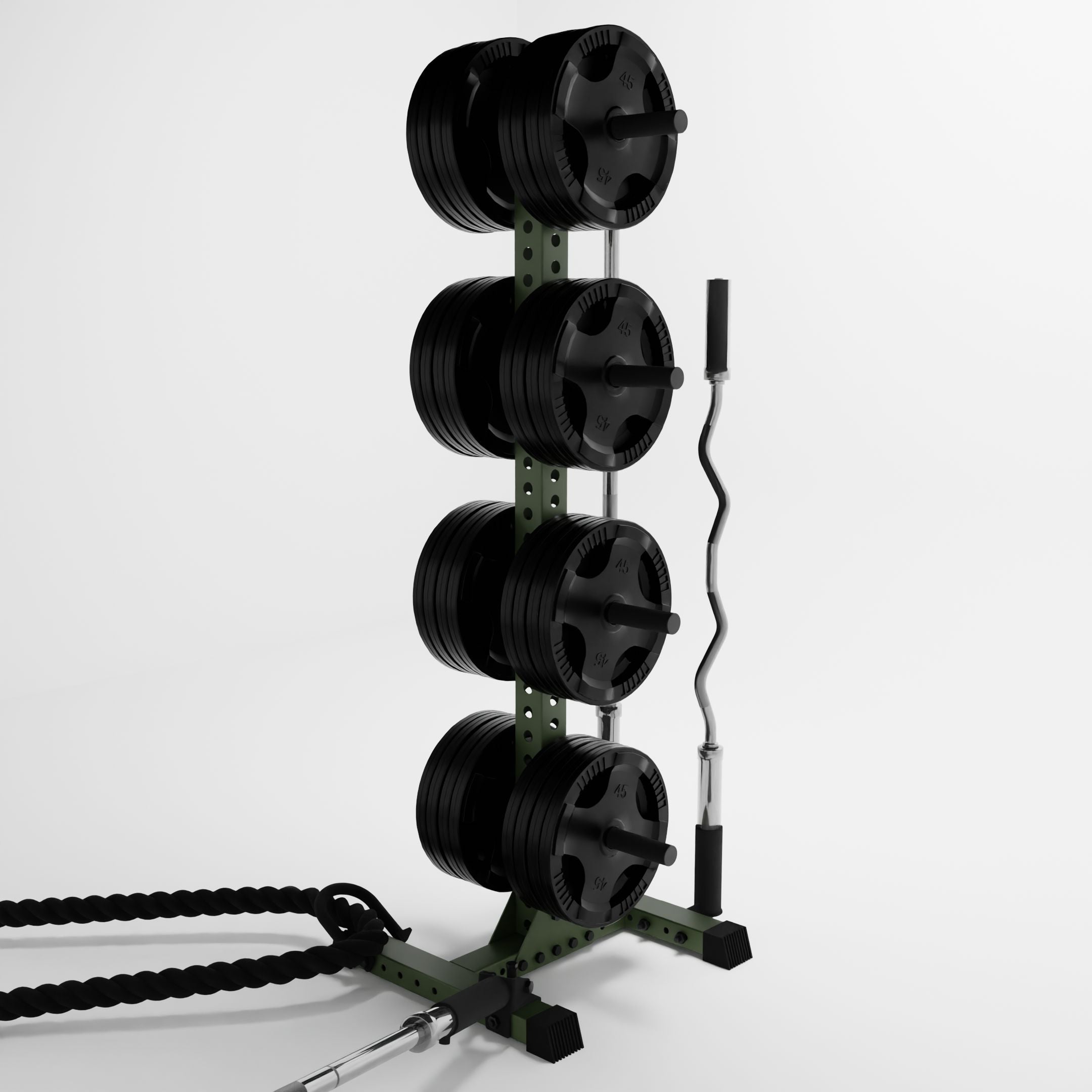 military green delta 4-tier vertical weight plate tree storing weight plates, barbells, and a battle rope using storage attachment accessories