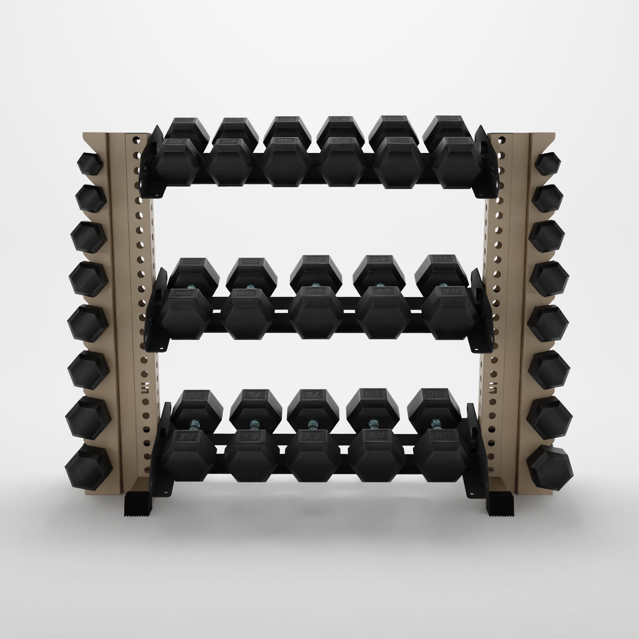 military tan 43-inch alpha 3-tier horizontal dumbbell rack with vertical add-ons storing hex dumbbells