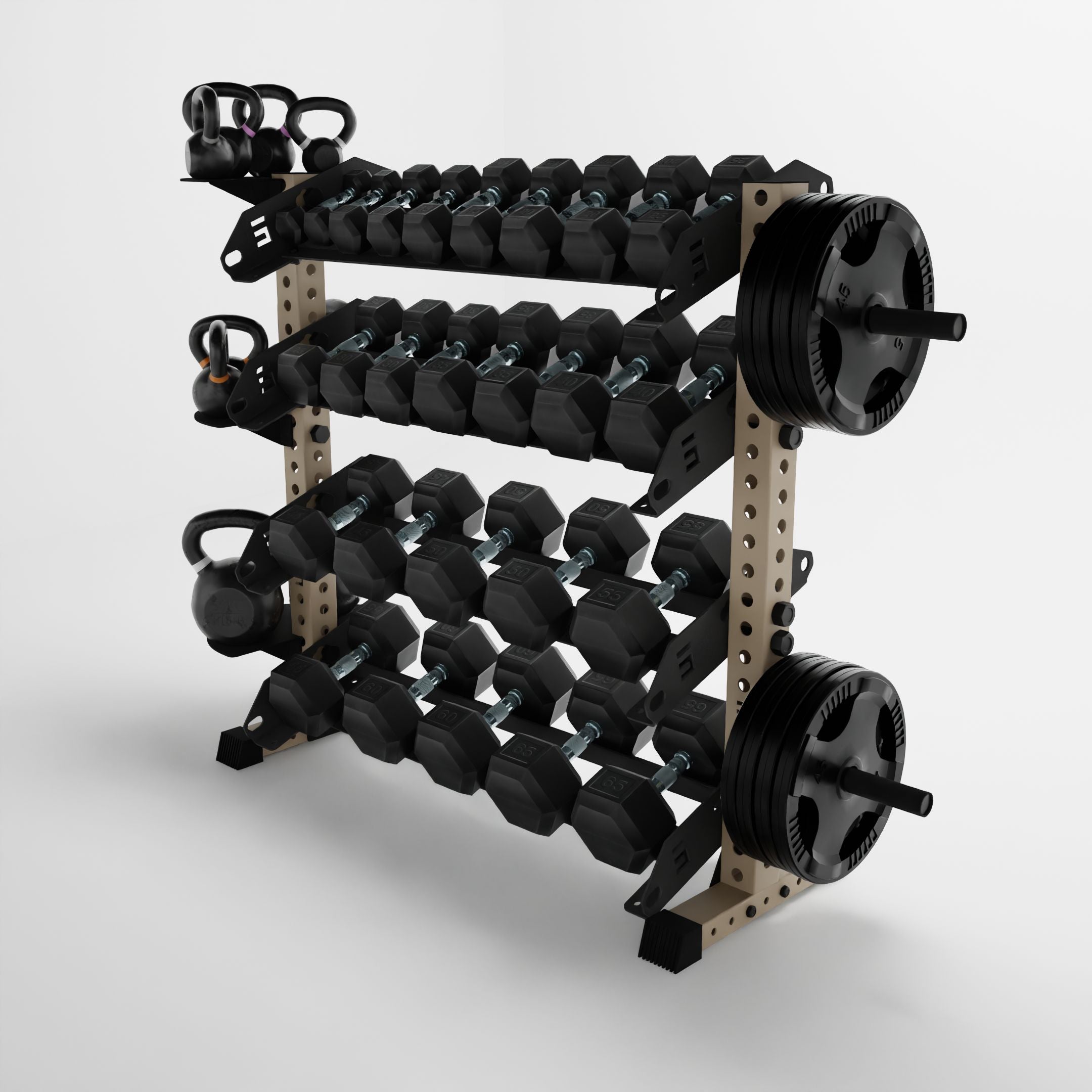 military tan 43-inch alpha 4-tier horizontal dumbbell rack storing dumbbells, weight plates, and kettlebells using storage attachment accessories