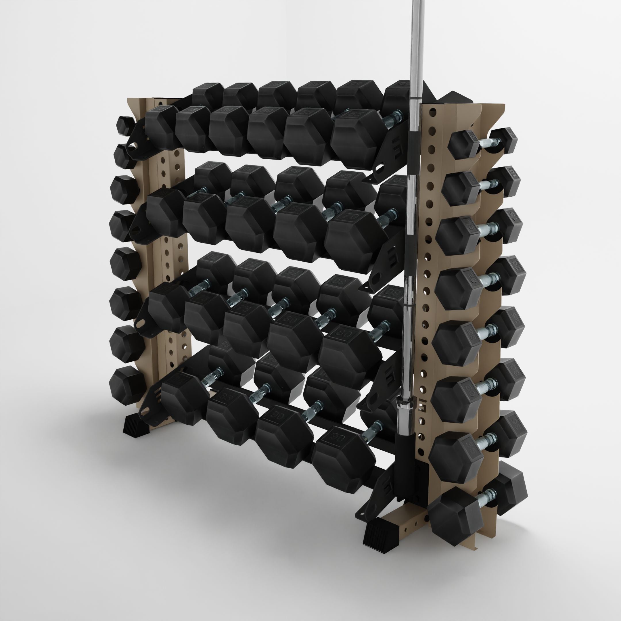 military tan 43-inch alpha 4-tier horizontal dumbbell rack with vertical add-ons storing dumbbells and a barbell using a storage attachment accessory