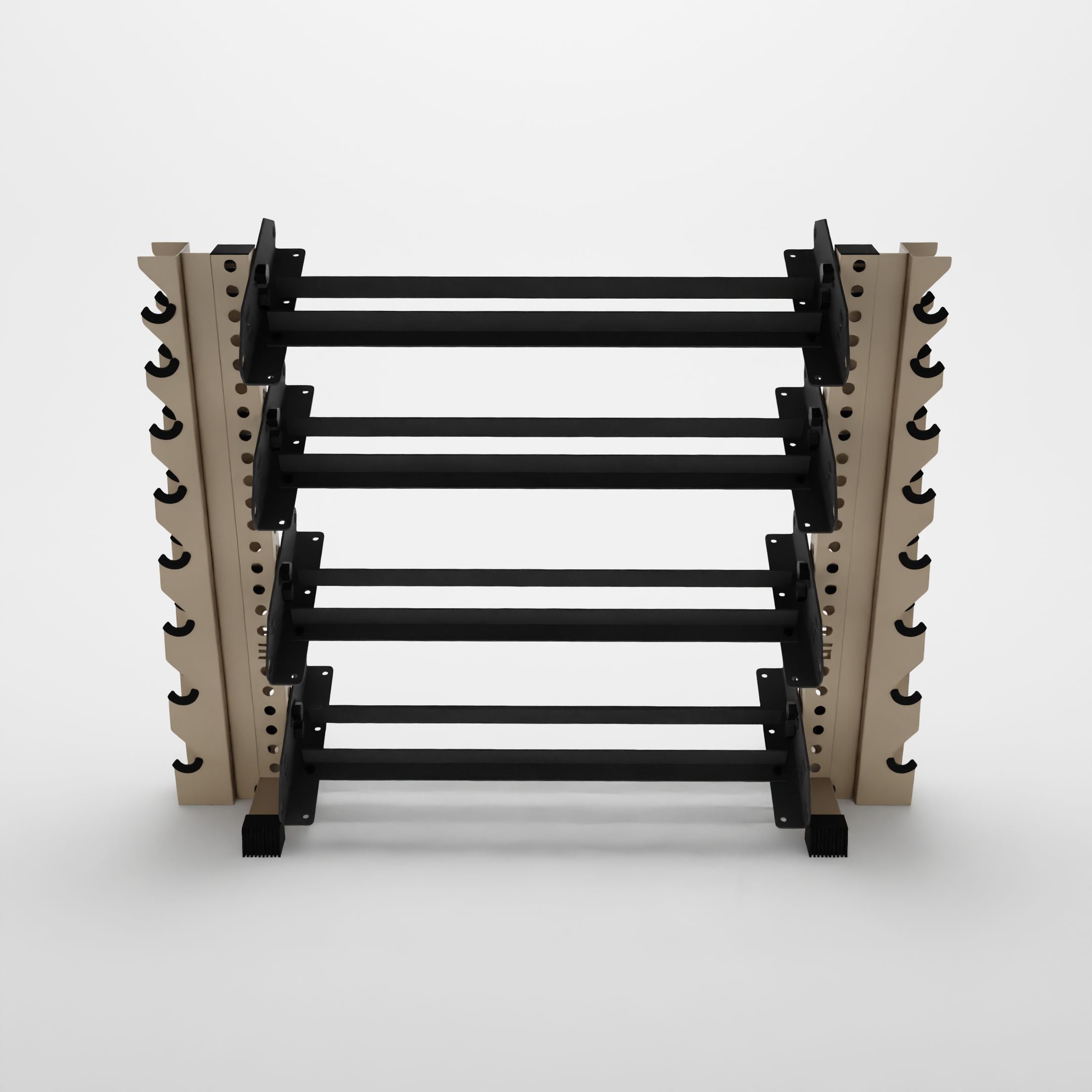 military tan 43-inch alpha 4-tier horizontal dumbbell rack with vertical add-ons