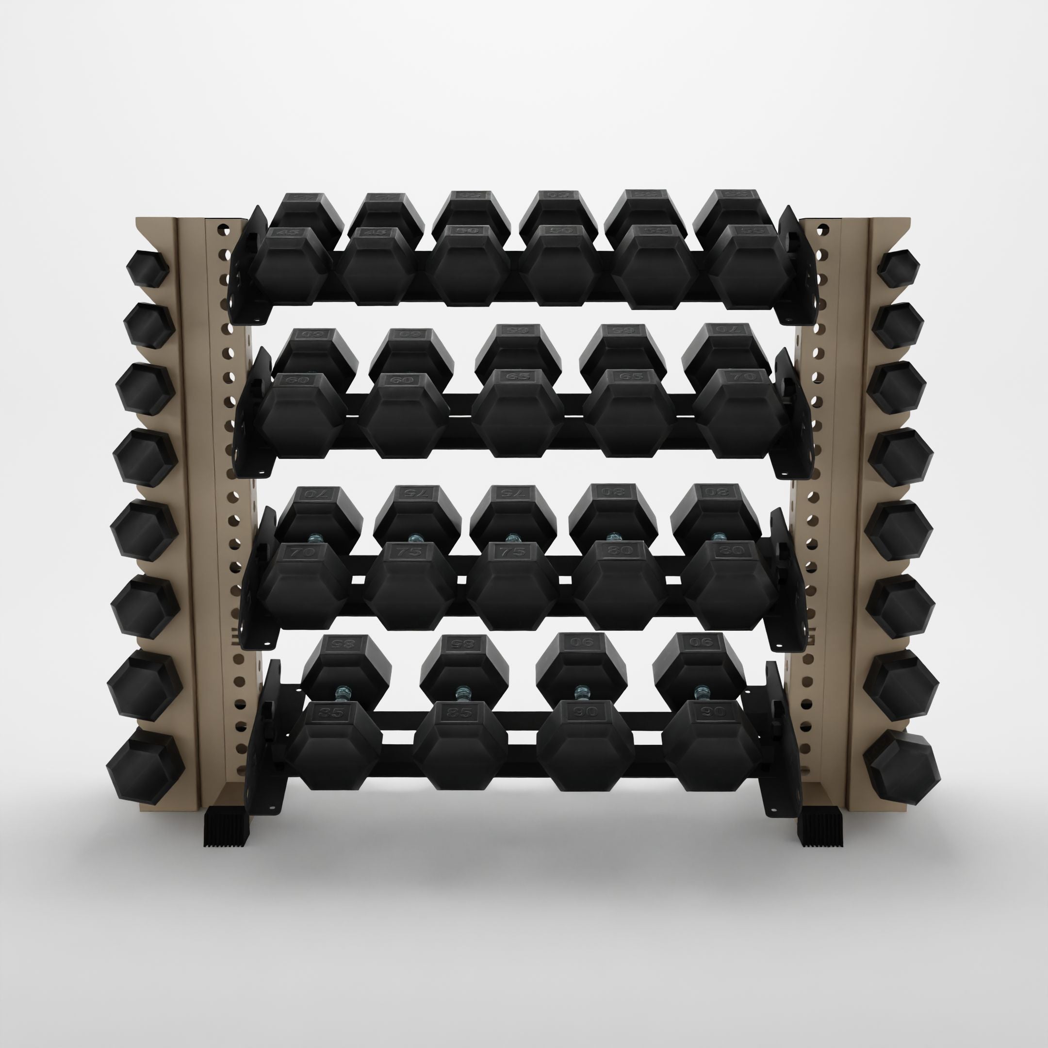 military tan 43-inch alpha 4-tier horizontal dumbbell rack with vertical add-ons storing hex dumbbells
