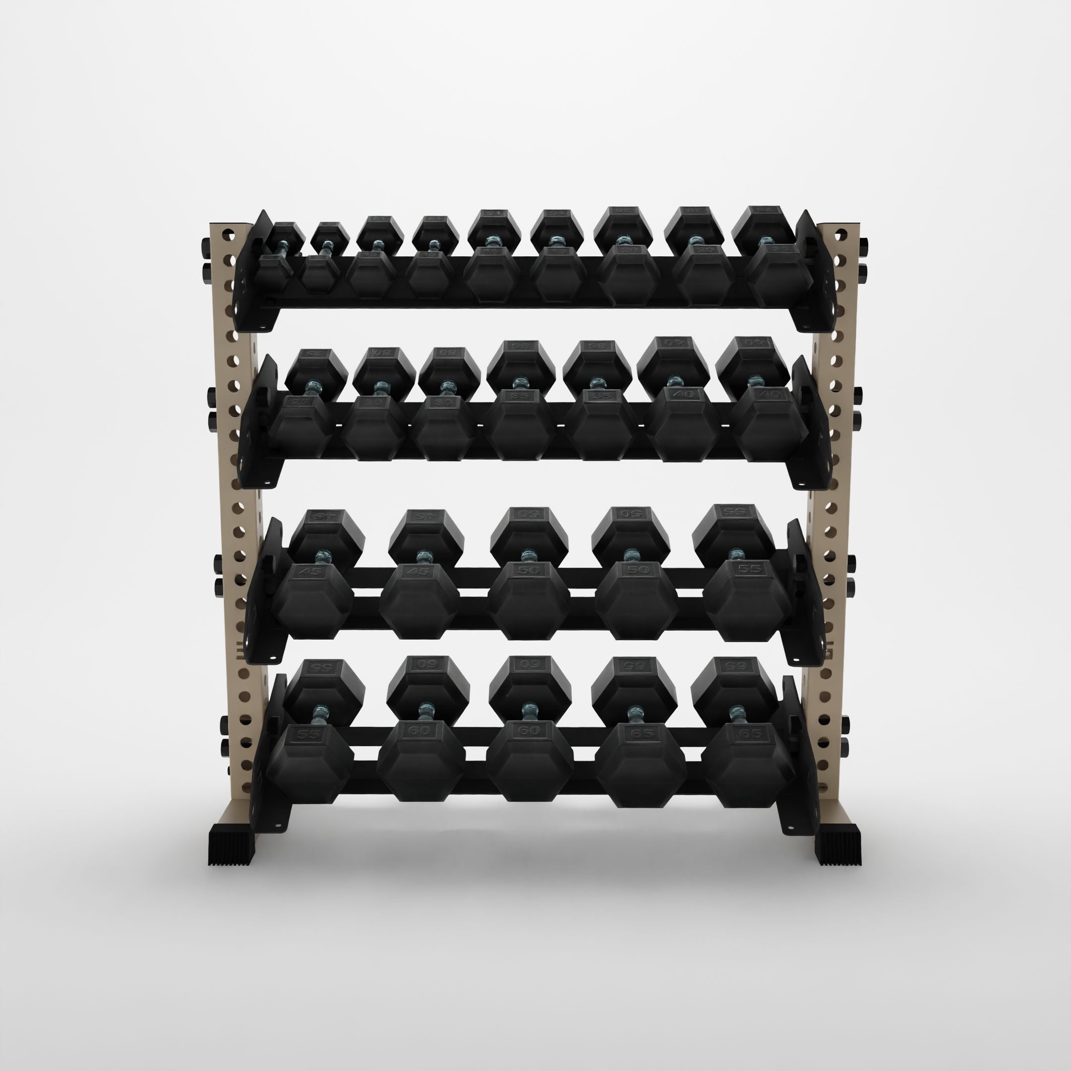 military tan 43-inch alpha 4-tier horizontal dumbbell rack storing hex dumbbells