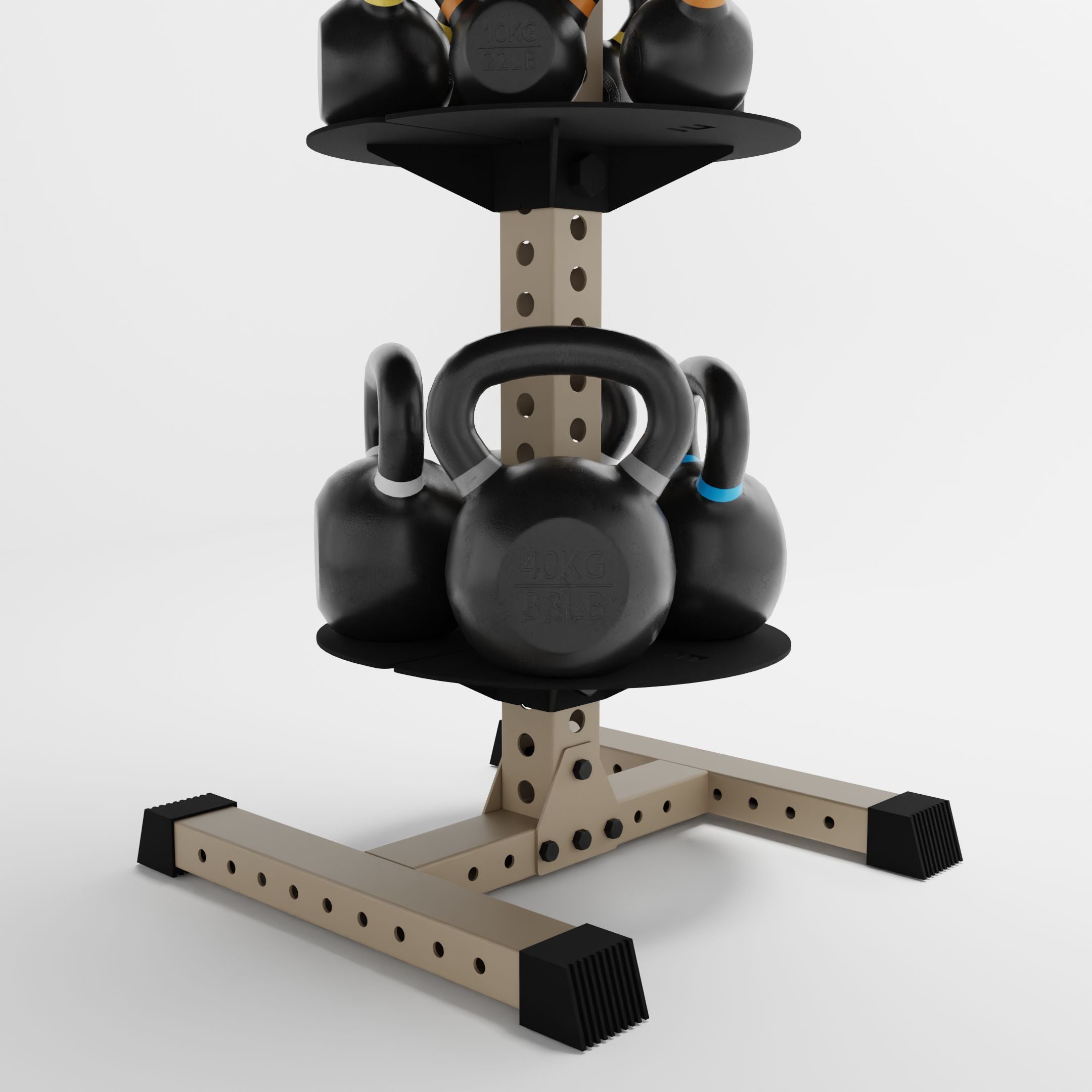 military tan alpha 3-tier vertical kettlebell rack base holding kettlebells
