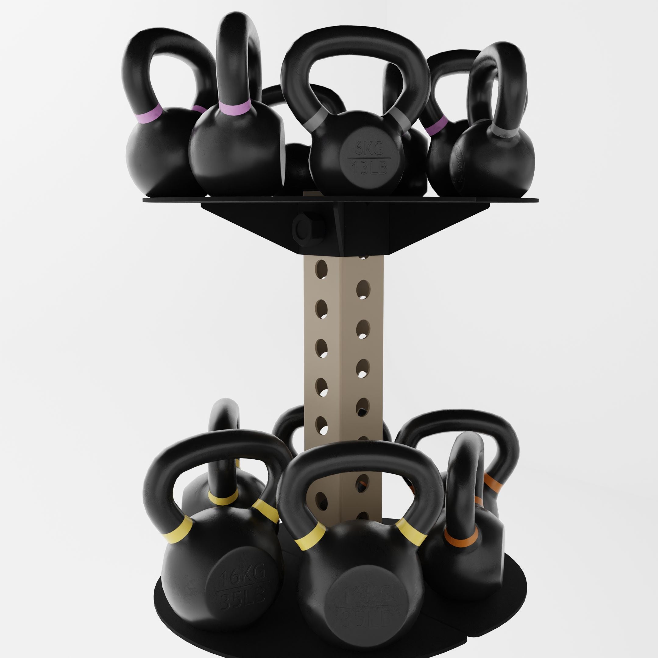 military tan alpha vertical kettlebell rack holding kettlebells