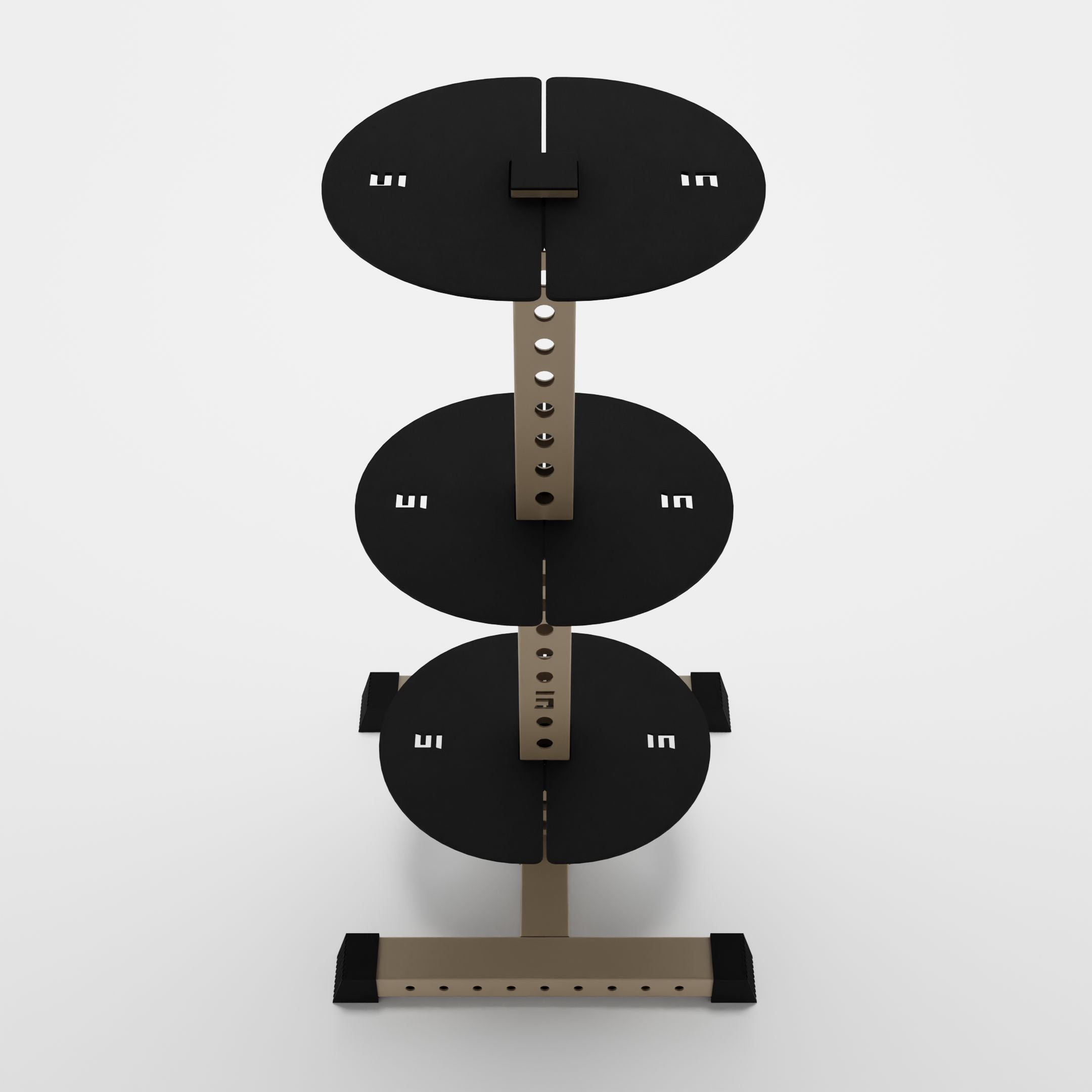 military tan alpha 3-tier vertical kettlebell rack top view