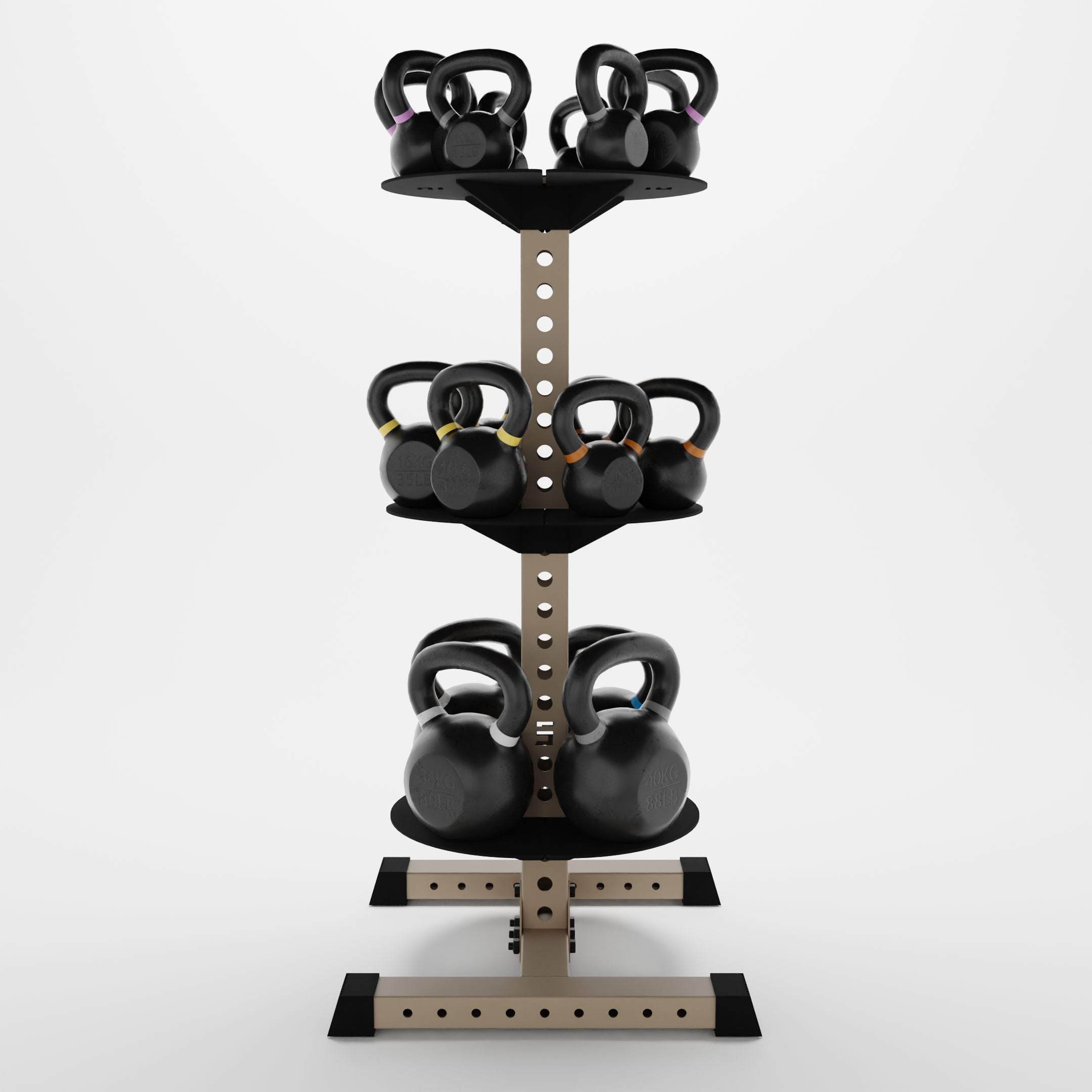 military tan alpha 3-tier vertical kettlebell rack holding kettlebells